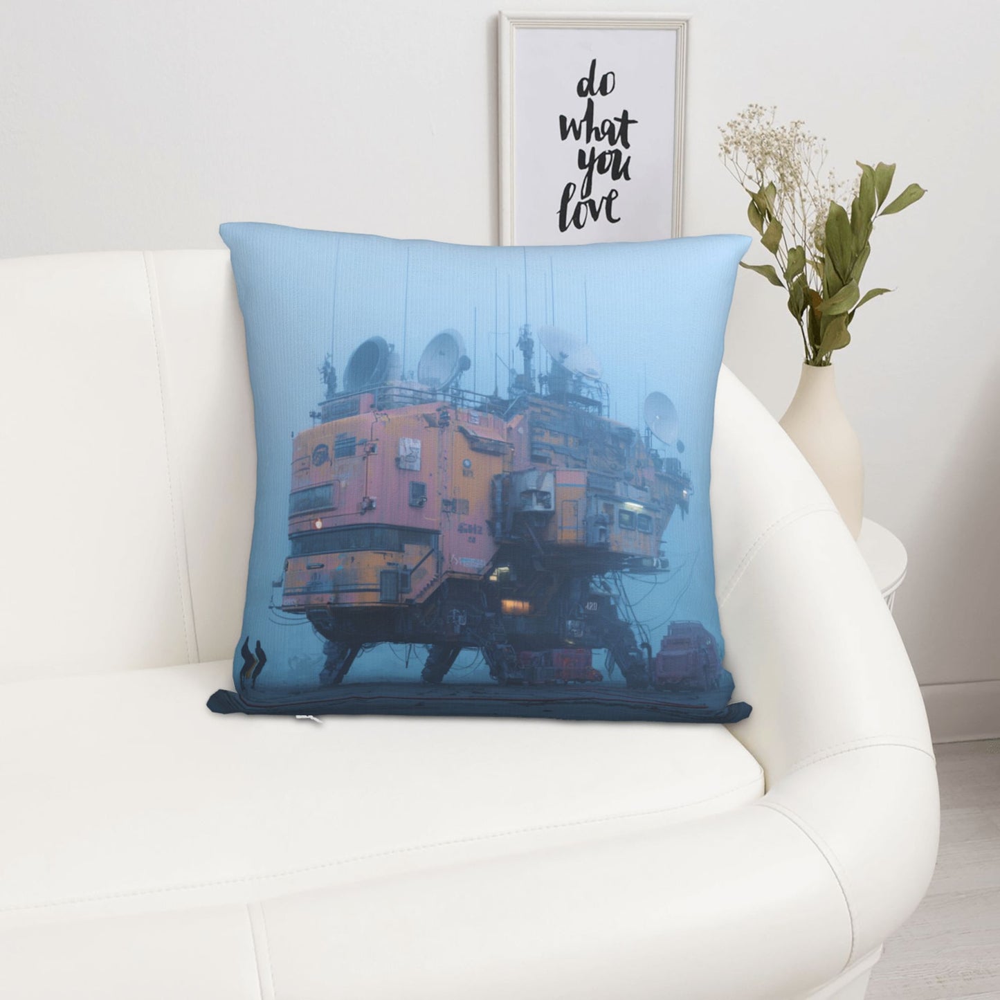 18"x18" Cyberpunk Fog Base Pillow Cover – Futuristic Industrial Building Illustration Cushion for Sci-Fi Interiors