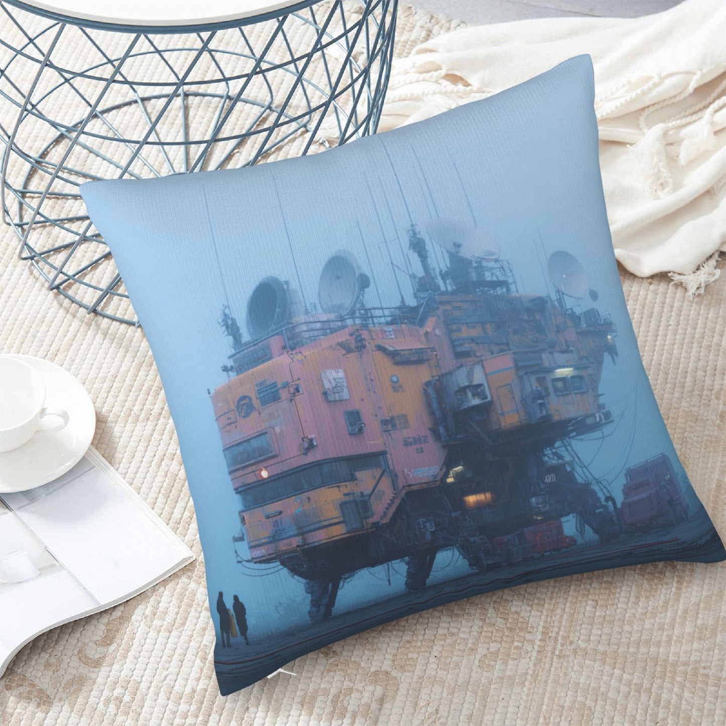 18"x18" Cyberpunk Fog Base Pillow Cover – Futuristic Industrial Building Illustration Cushion for Sci-Fi Interiors