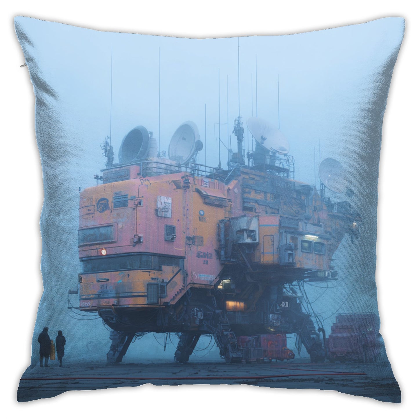 18"x18" Cyberpunk Fog Base Pillow Cover – Futuristic Industrial Building Illustration Cushion for Sci-Fi Interiors
