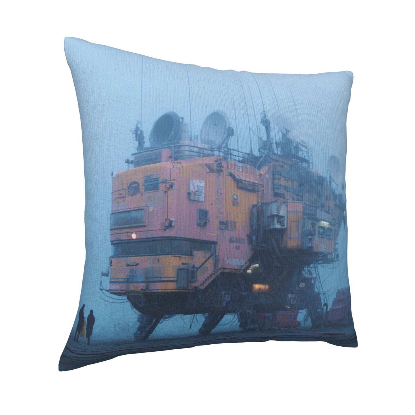 18"x18" Cyberpunk Fog Base Pillow Cover – Futuristic Industrial Building Illustration Cushion for Sci-Fi Interiors