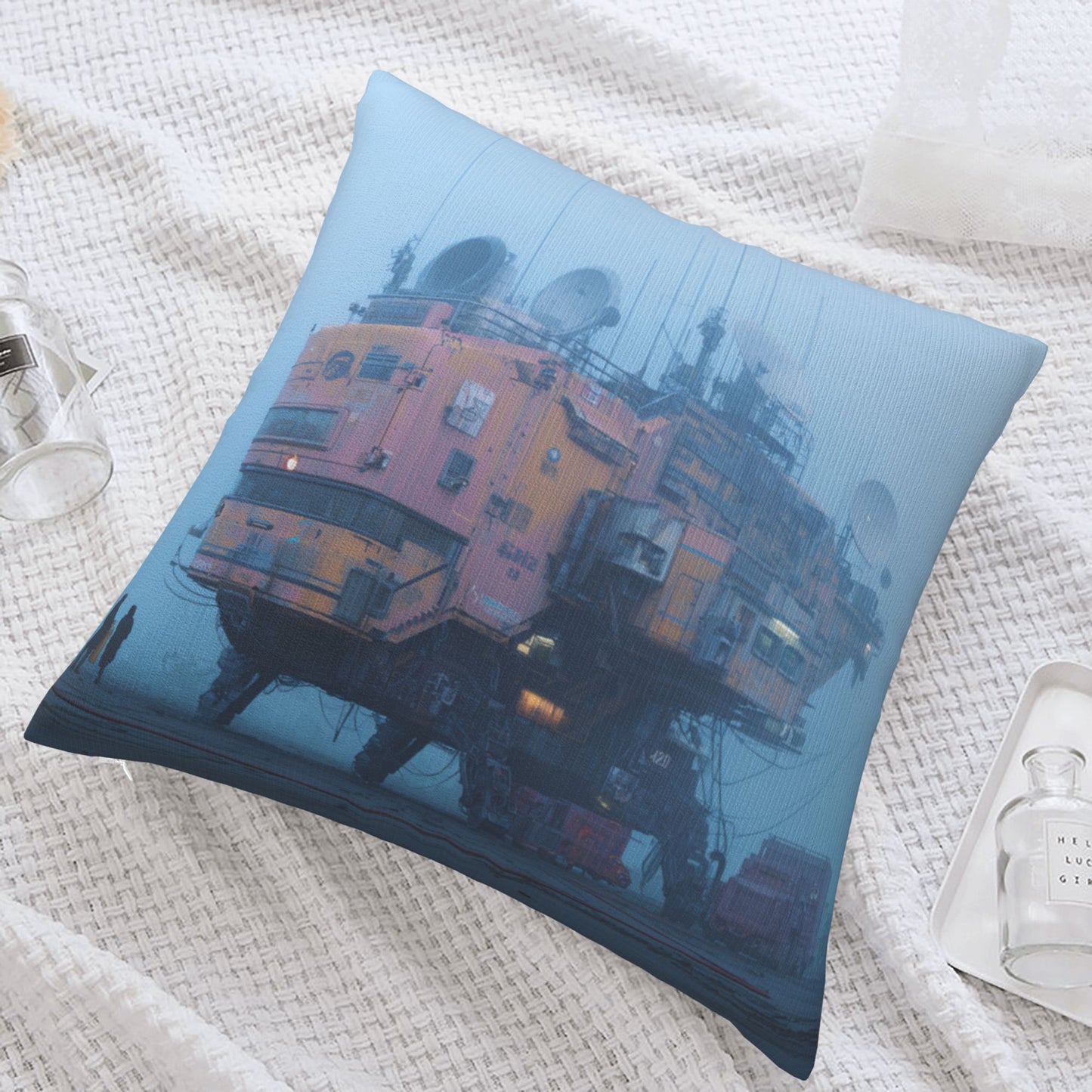 18"x18" Cyberpunk Fog Base Pillow Cover – Futuristic Industrial Building Illustration Cushion for Sci-Fi Interiors