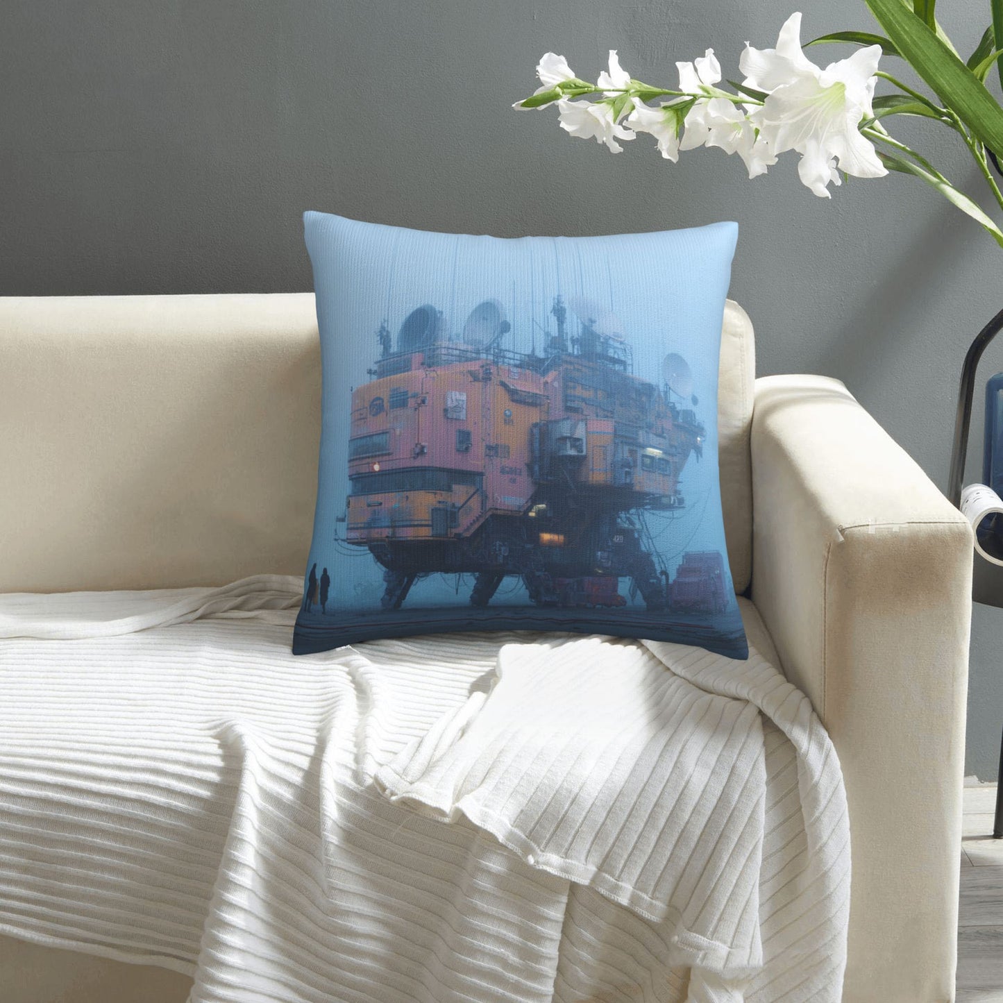 18"x18" Cyberpunk Fog Base Pillow Cover – Futuristic Industrial Building Illustration Cushion for Sci-Fi Interiors