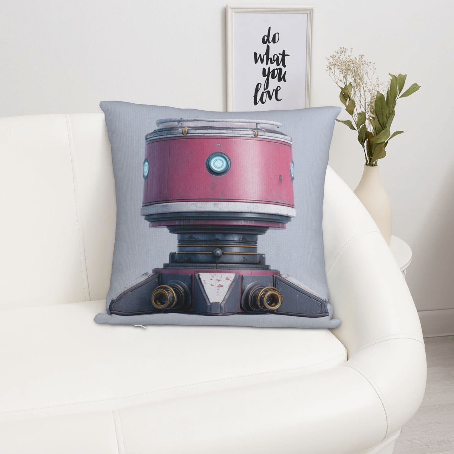 18"x18" Pink Futuristic Robot Pillow Cover – Minimalist Sci-Fi Mech Design Throw Cushion for Modern Decor
