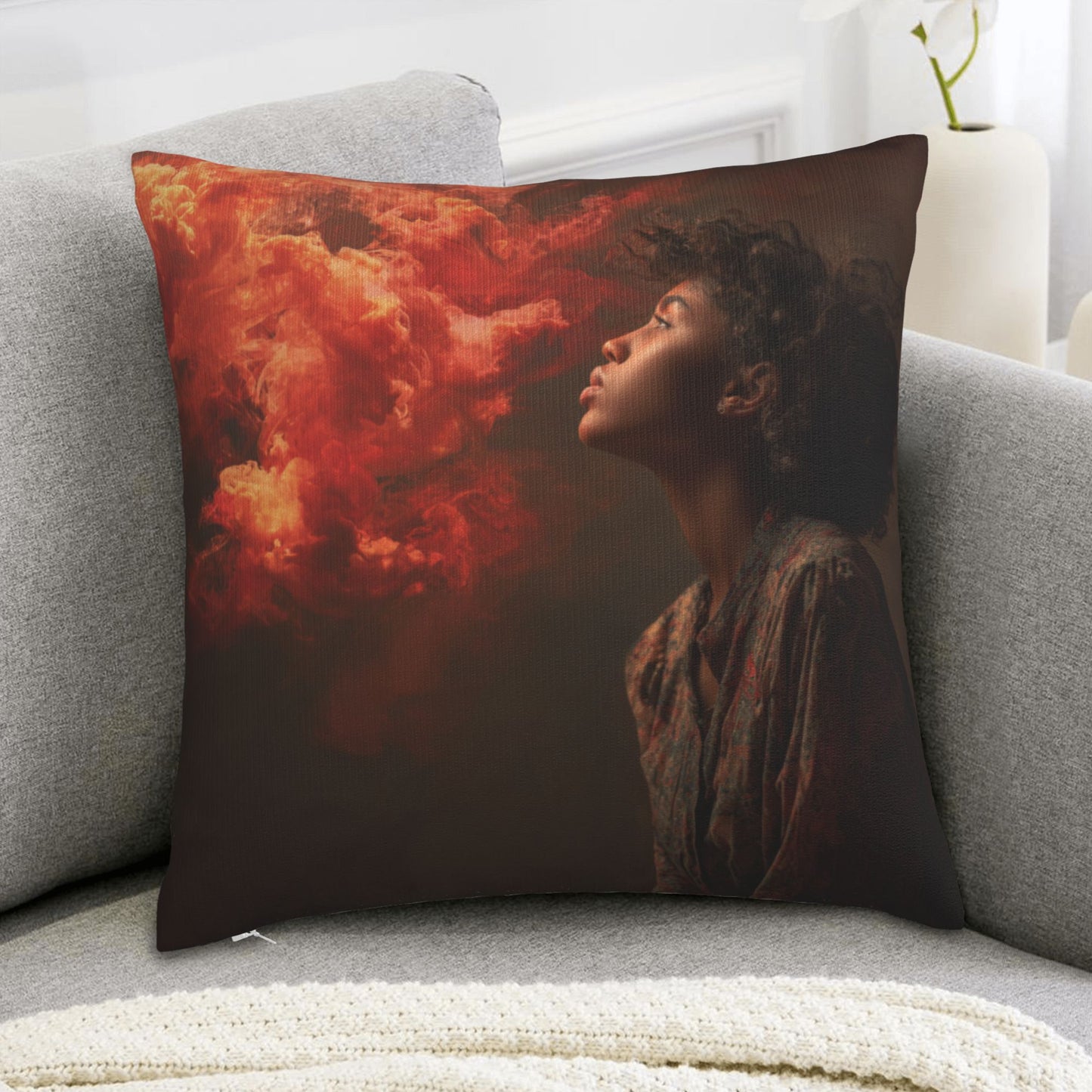 18"x18" Red Flame Cloud Portrait Pillow Cover – Surreal Photography Art Throw Cushion for Modern Interiors