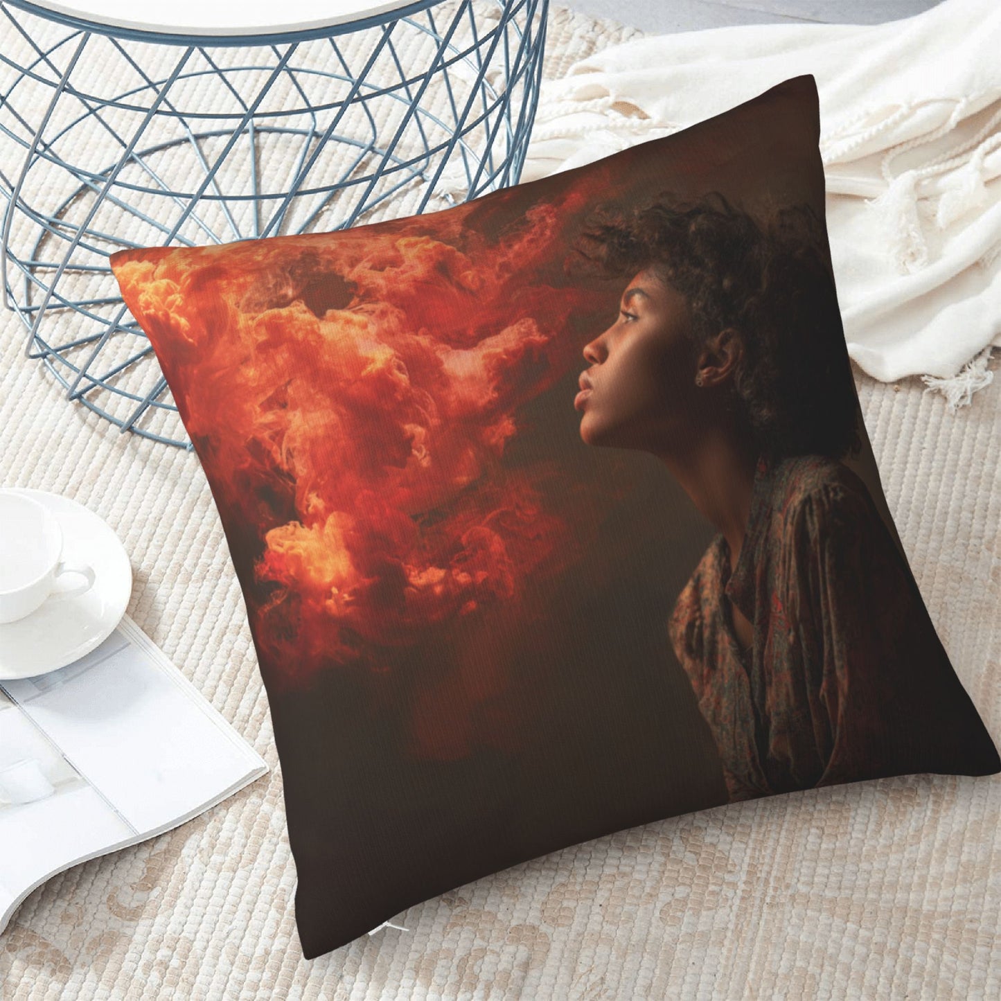 18"x18" Red Flame Cloud Portrait Pillow Cover – Surreal Photography Art Throw Cushion for Modern Interiors