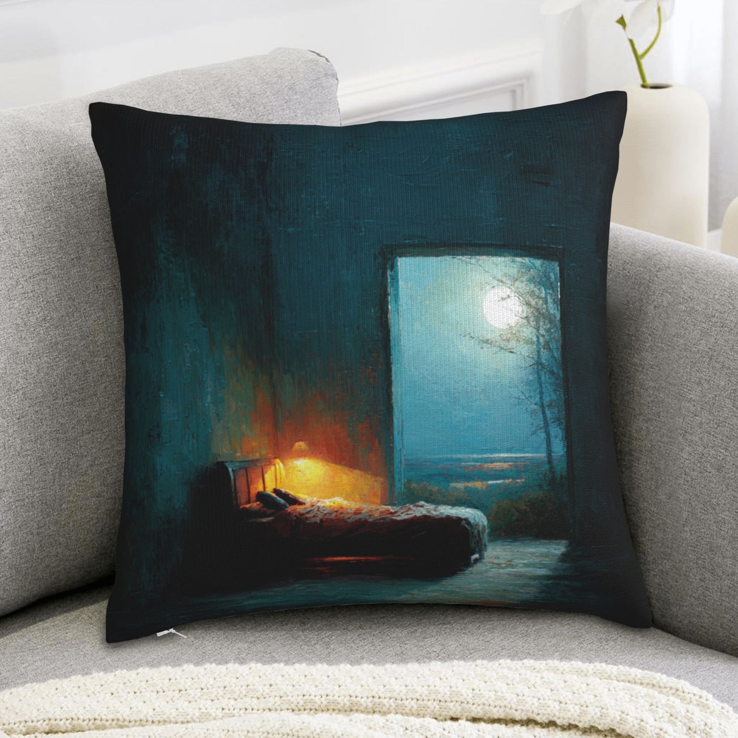 18"x18" Tranquil Moonlit Bedroom Pillow Cover – Dreamy Art Throw Cushion Case for Sofa or Bed