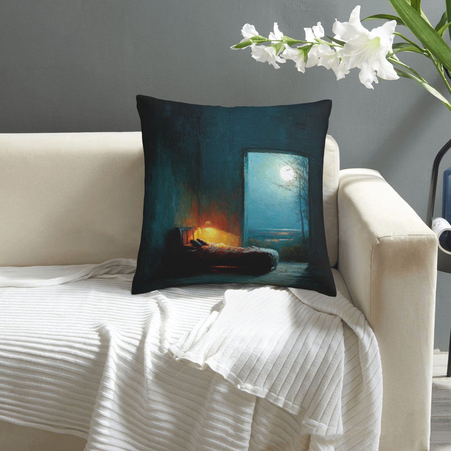 18"x18" Tranquil Moonlit Bedroom Pillow Cover – Dreamy Art Throw Cushion Case for Sofa or Bed