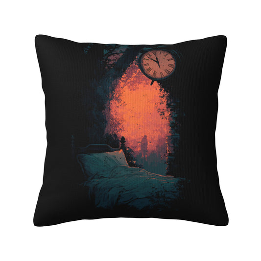 18"x18" Surreal Time & Dreamscape Pillow Cover – Gothic Art Bed Scene with Clock and Firelight for Bedroom or Studio