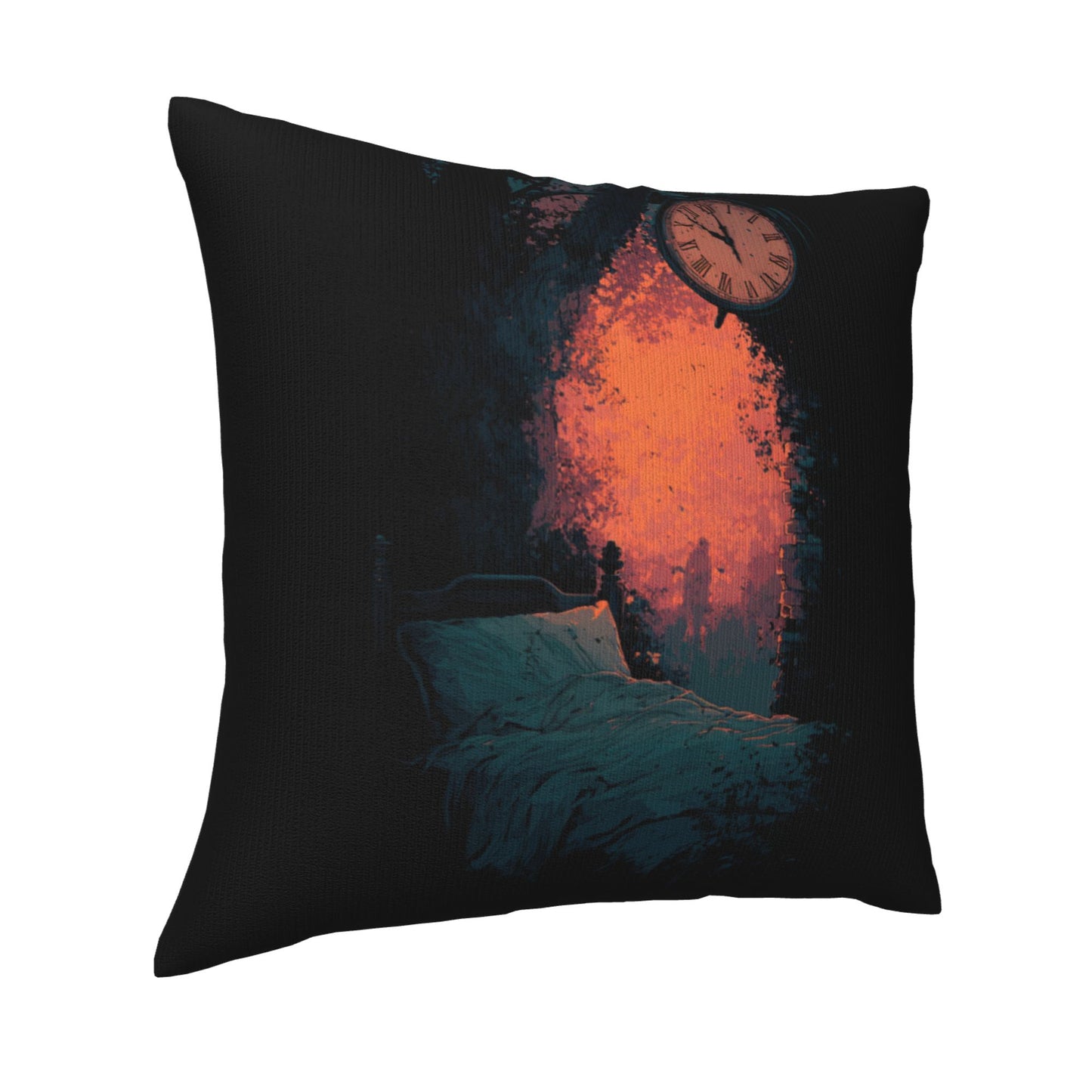 18"x18" Surreal Time & Dreamscape Pillow Cover – Gothic Art Bed Scene with Clock and Firelight for Bedroom or Studio