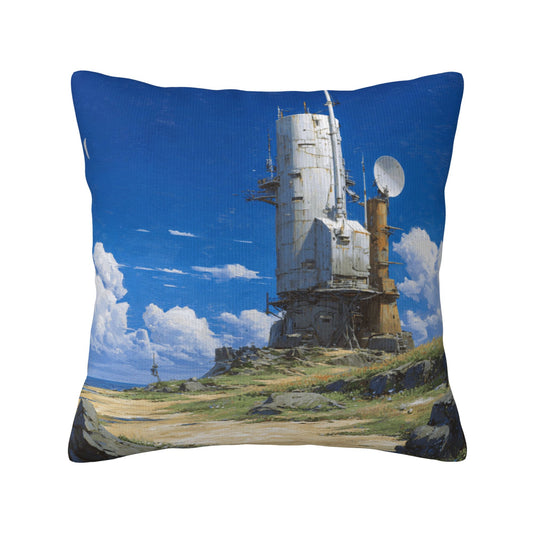18"x18" Sci-Fi Tower Pillow Cover – Futuristic Satellite Base Illustration for Tech-Inspired Interior Decor