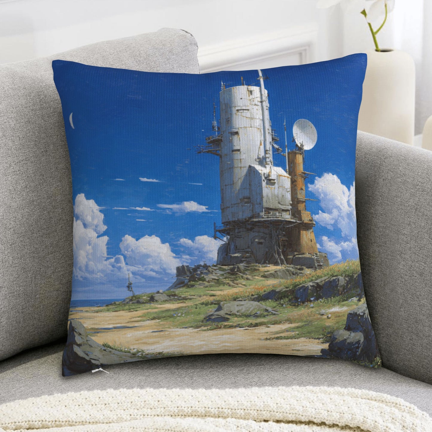 18"x18" Sci-Fi Tower Pillow Cover – Futuristic Satellite Base Illustration for Tech-Inspired Interior Decor