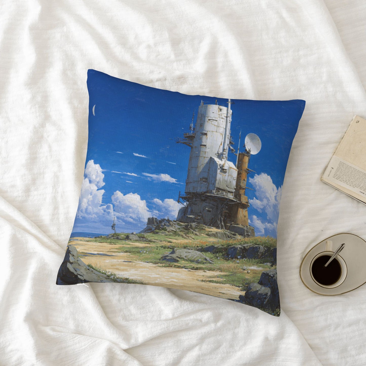 18"x18" Sci-Fi Tower Pillow Cover – Futuristic Satellite Base Illustration for Tech-Inspired Interior Decor