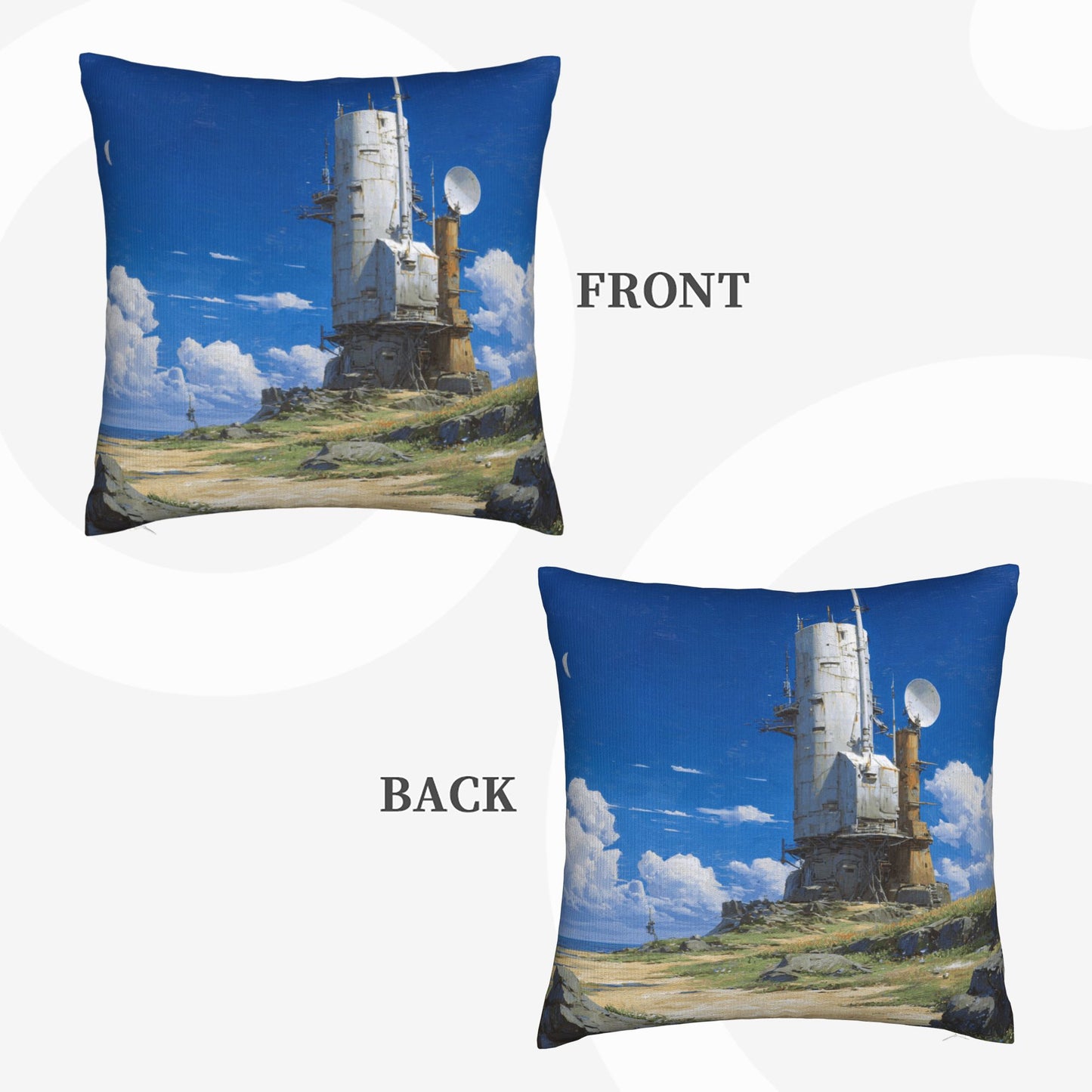 18"x18" Sci-Fi Tower Pillow Cover – Futuristic Satellite Base Illustration for Tech-Inspired Interior Decor