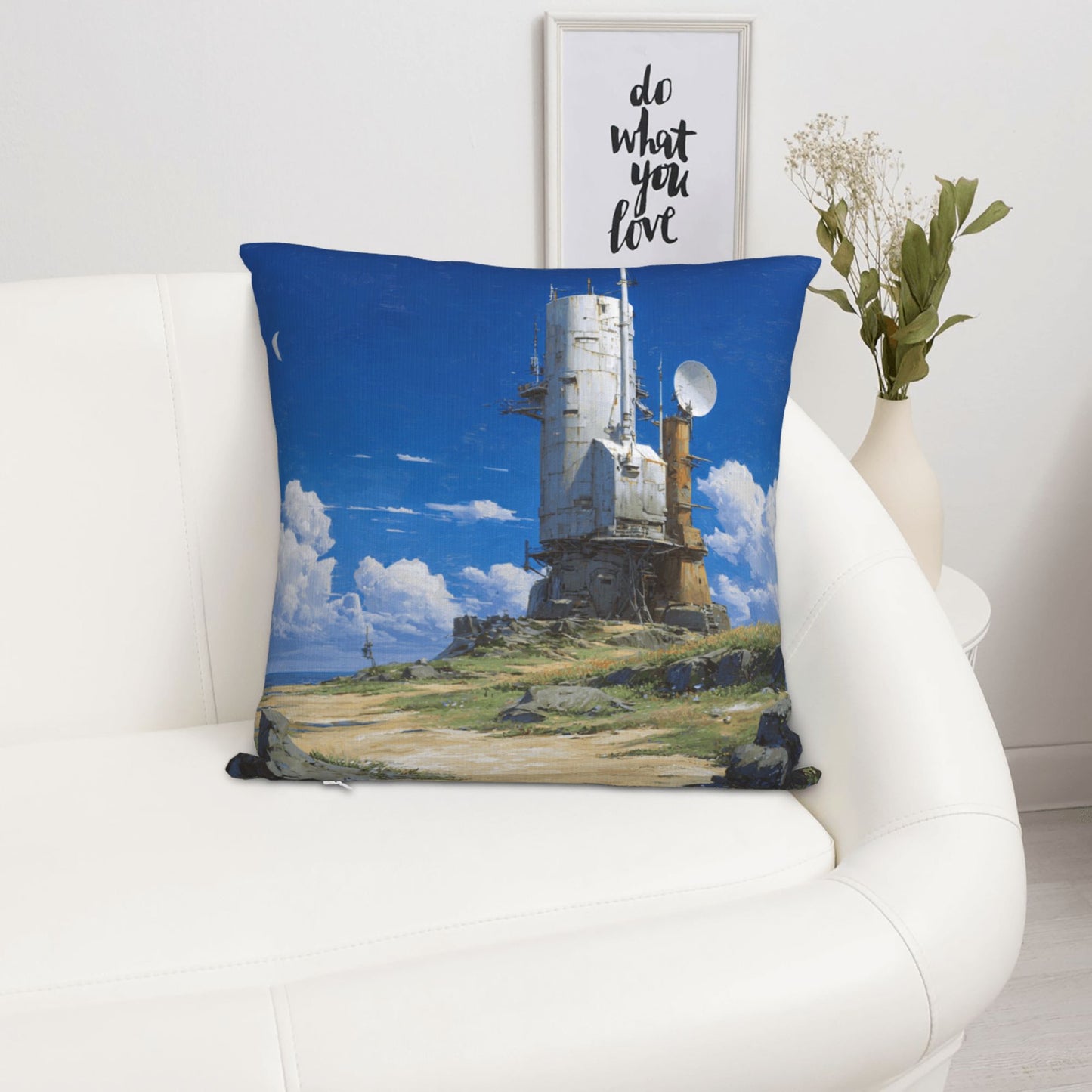 18"x18" Sci-Fi Tower Pillow Cover – Futuristic Satellite Base Illustration for Tech-Inspired Interior Decor