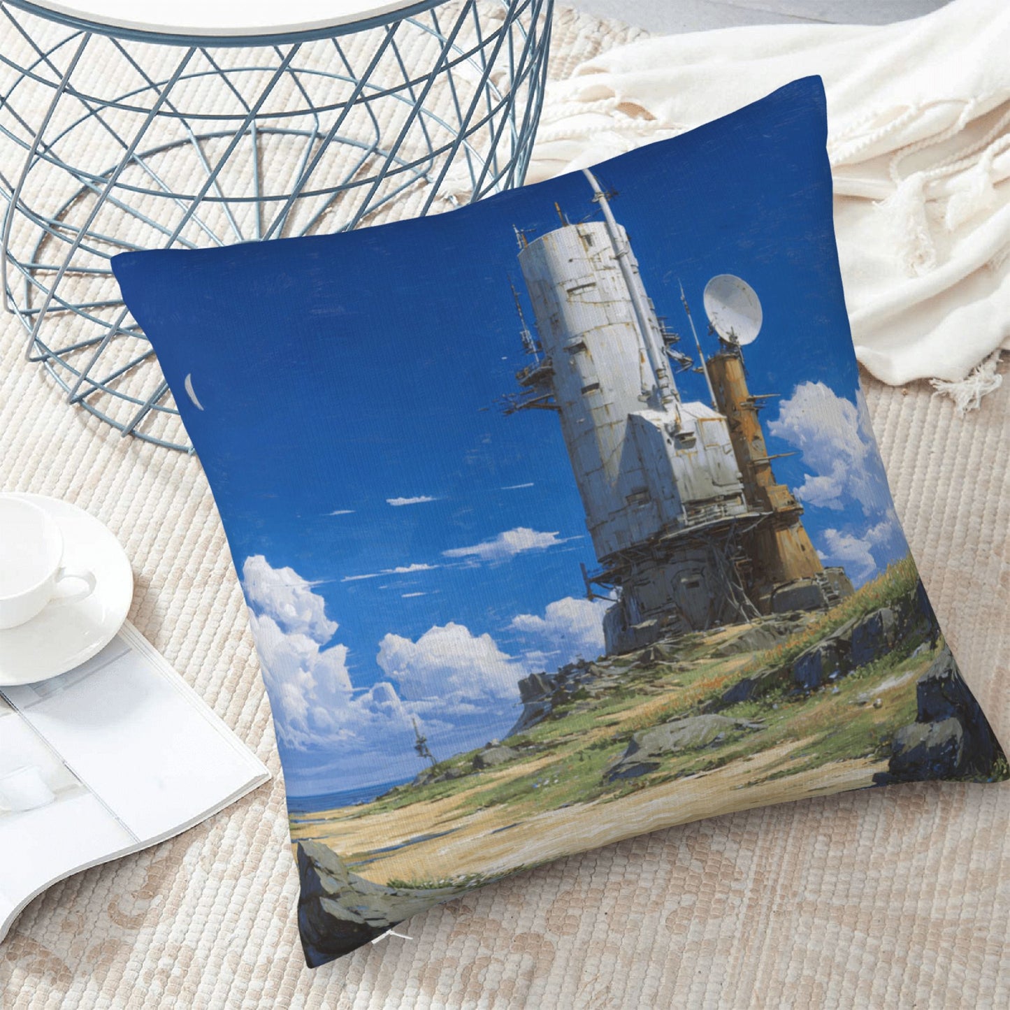 18"x18" Sci-Fi Tower Pillow Cover – Futuristic Satellite Base Illustration for Tech-Inspired Interior Decor