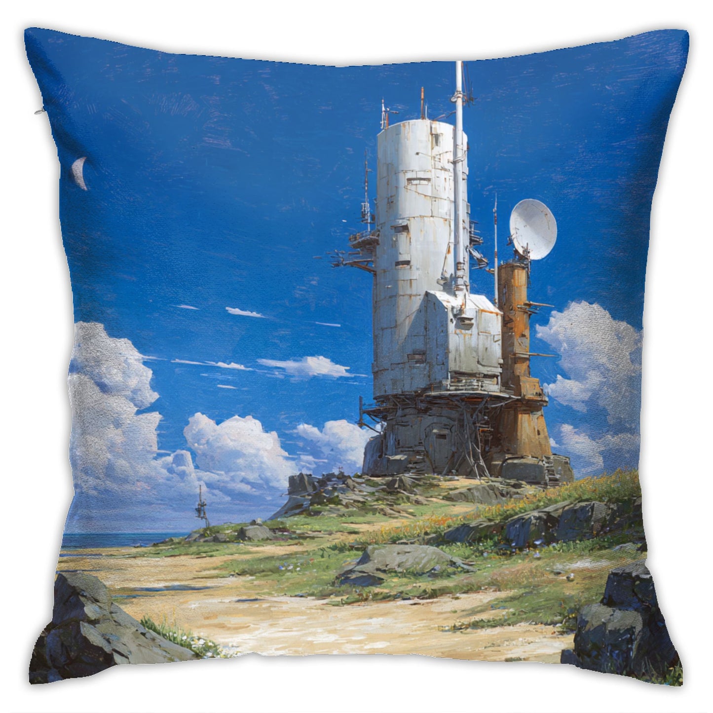 18"x18" Sci-Fi Tower Pillow Cover – Futuristic Satellite Base Illustration for Tech-Inspired Interior Decor