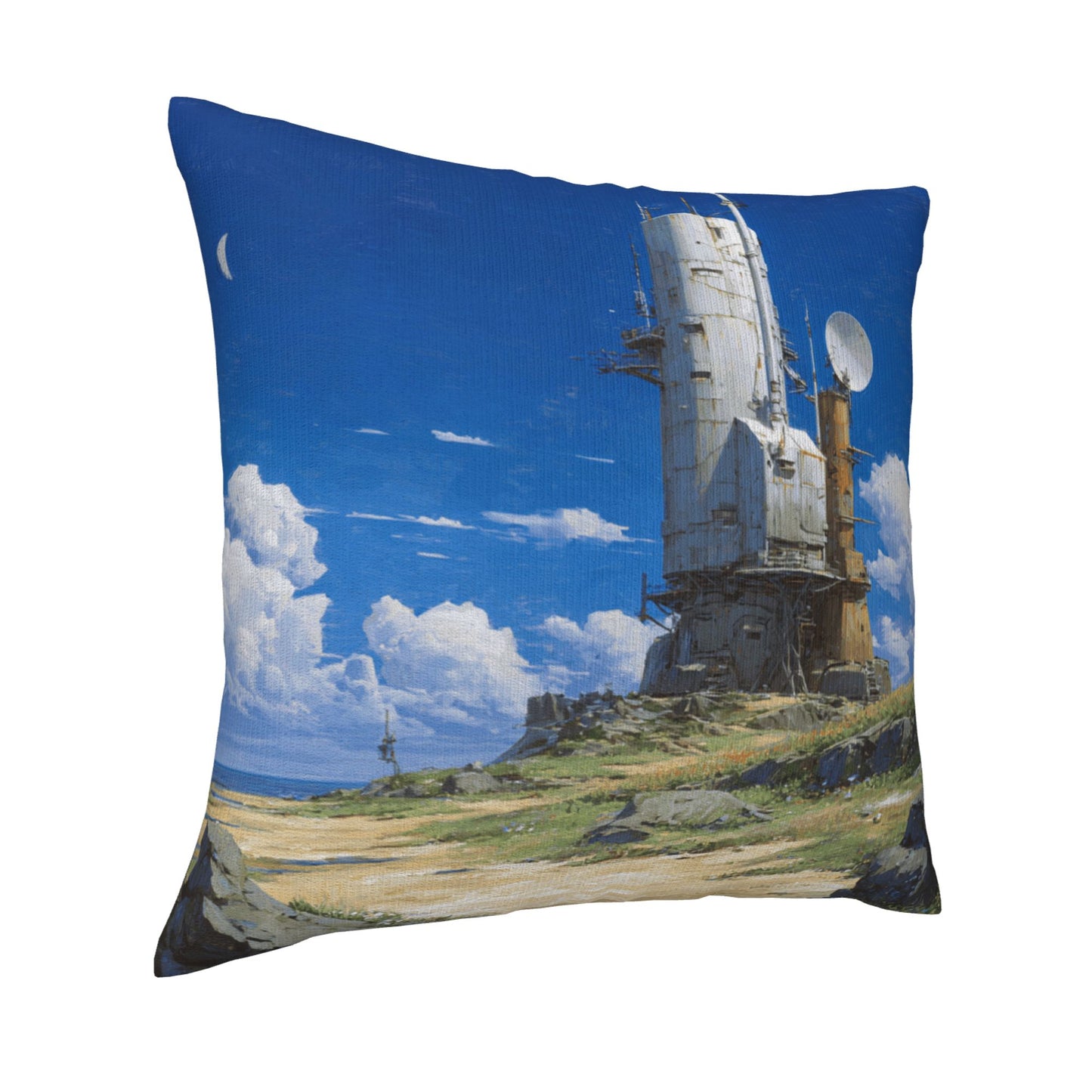 18"x18" Sci-Fi Tower Pillow Cover – Futuristic Satellite Base Illustration for Tech-Inspired Interior Decor