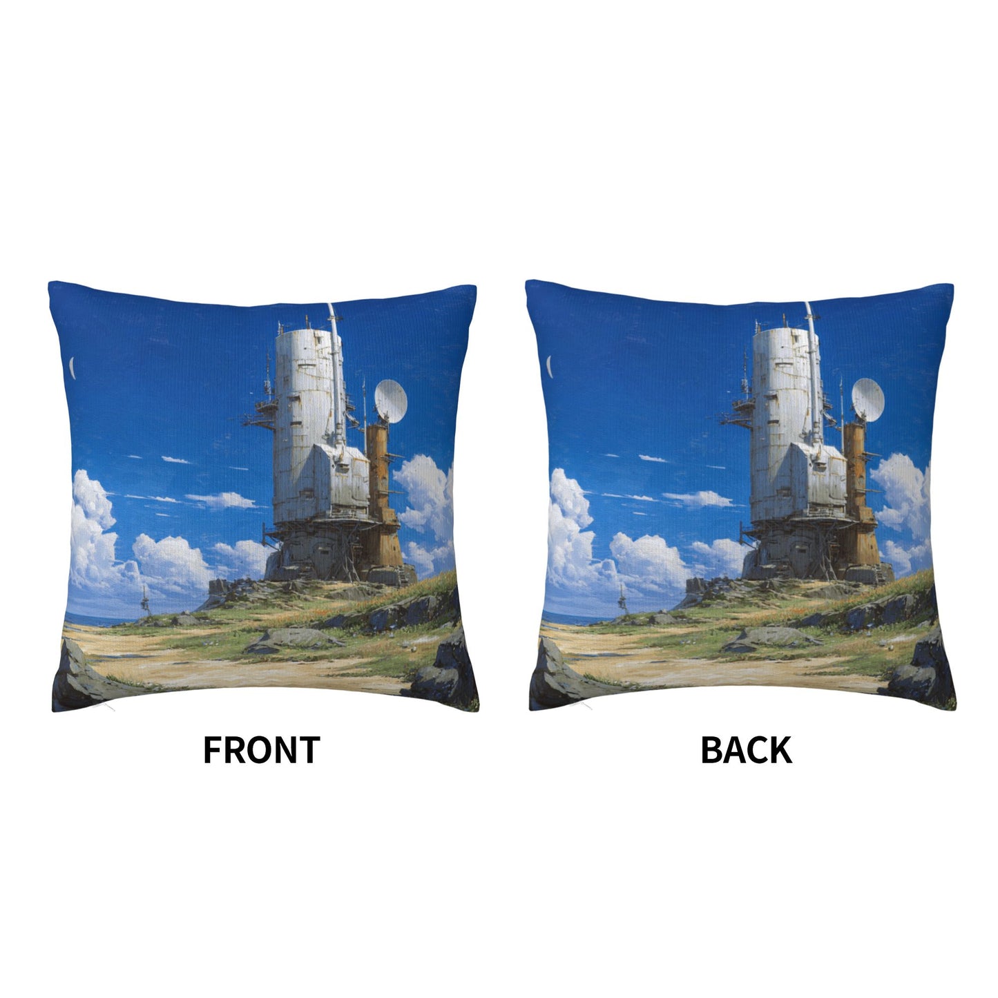 18"x18" Sci-Fi Tower Pillow Cover – Futuristic Satellite Base Illustration for Tech-Inspired Interior Decor