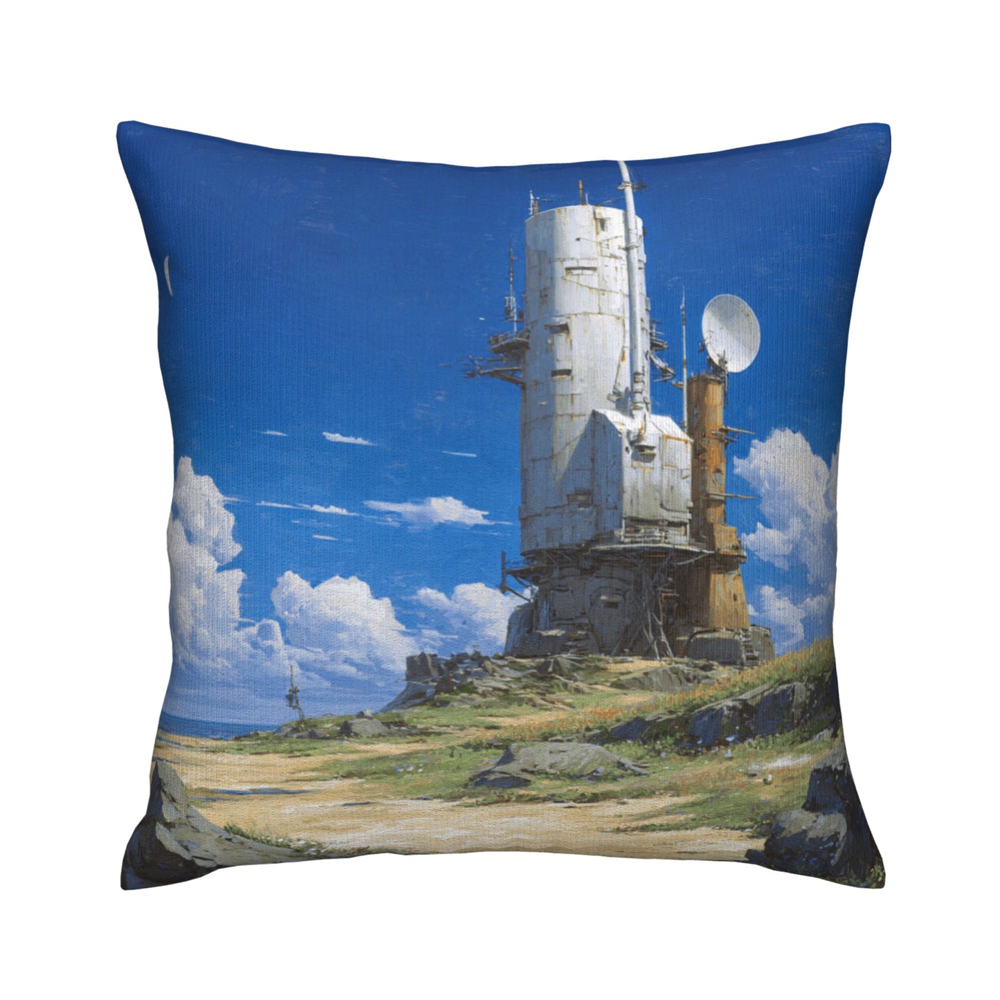 18"x18" Sci-Fi Tower Pillow Cover – Futuristic Satellite Base Illustration for Tech-Inspired Interior Decor