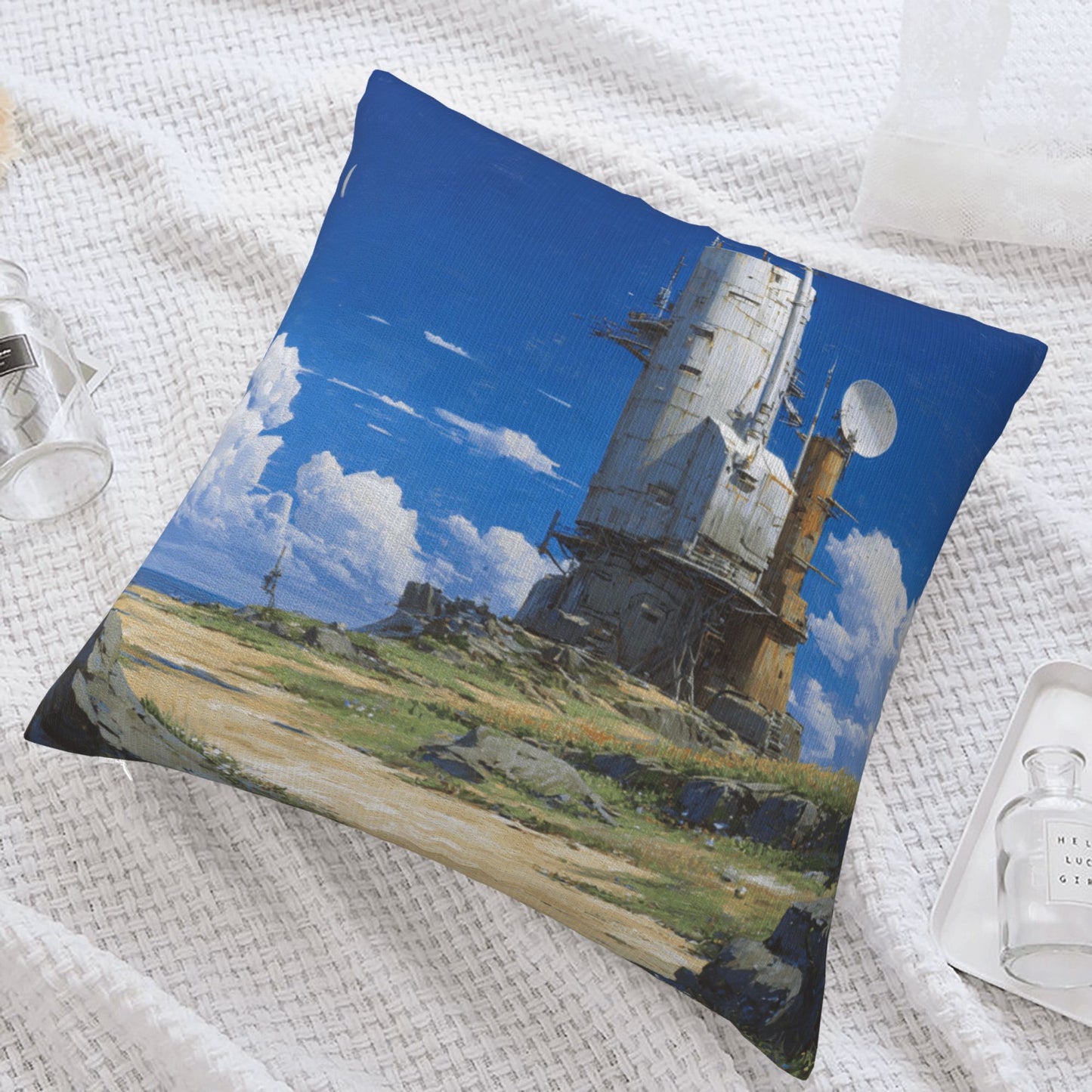 18"x18" Sci-Fi Tower Pillow Cover – Futuristic Satellite Base Illustration for Tech-Inspired Interior Decor