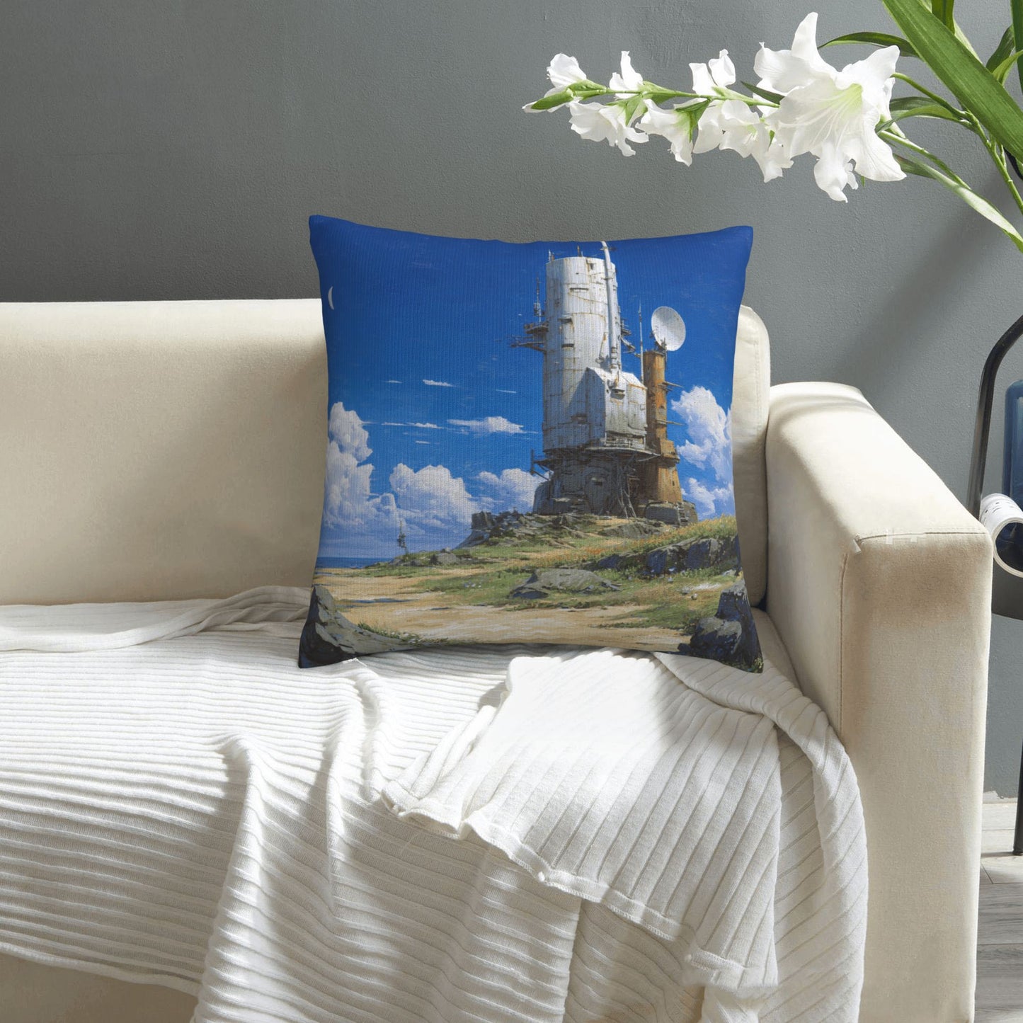 18"x18" Sci-Fi Tower Pillow Cover – Futuristic Satellite Base Illustration for Tech-Inspired Interior Decor