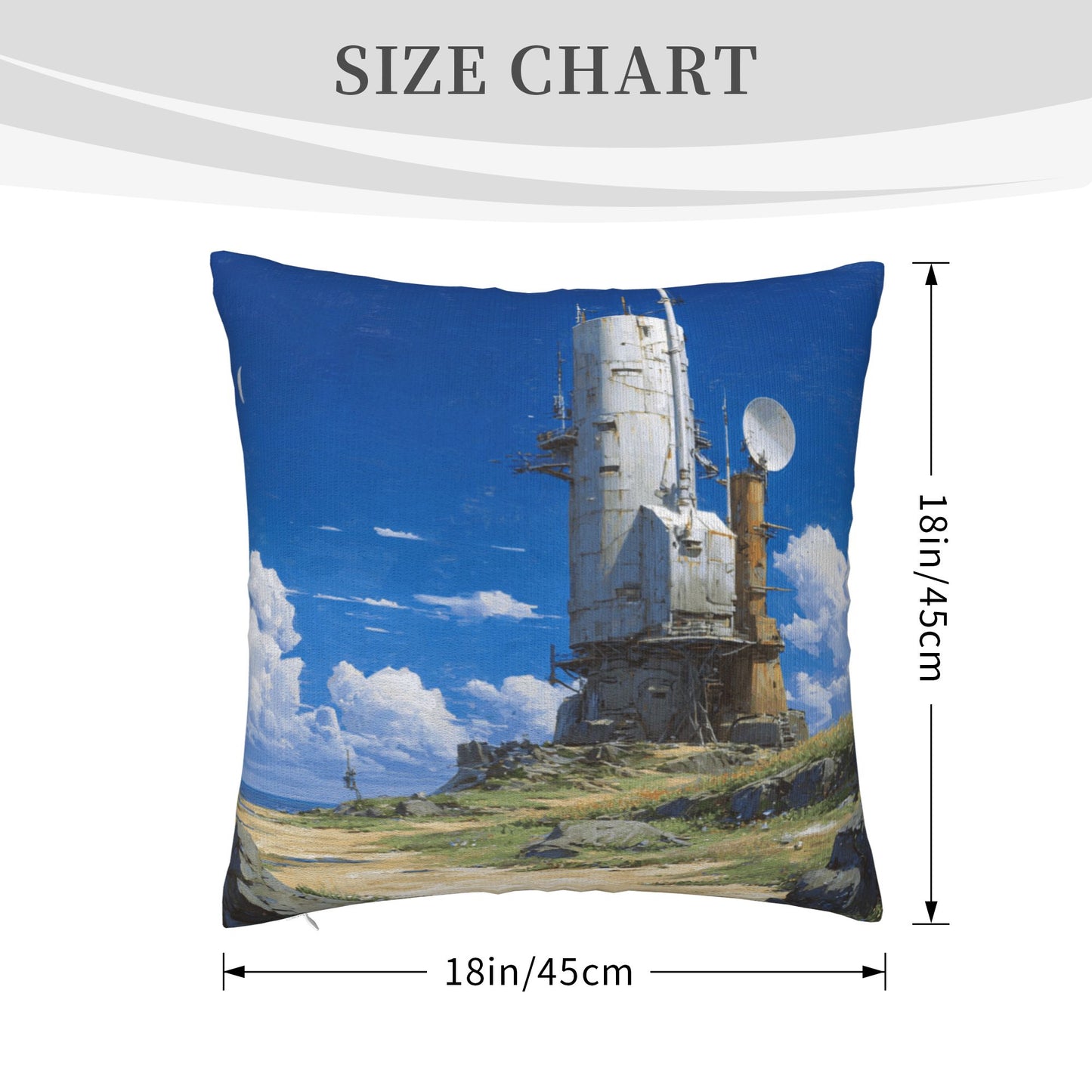 18"x18" Sci-Fi Tower Pillow Cover – Futuristic Satellite Base Illustration for Tech-Inspired Interior Decor