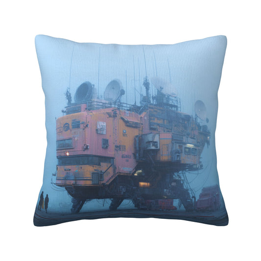18"x18" Cyberpunk Fog Base Pillow Cover – Futuristic Industrial Building Illustration Cushion for Sci-Fi Interiors