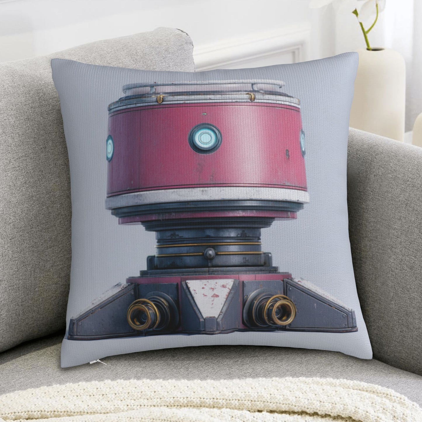 18"x18" Pink Futuristic Robot Pillow Cover – Minimalist Sci-Fi Mech Design Throw Cushion for Modern Decor