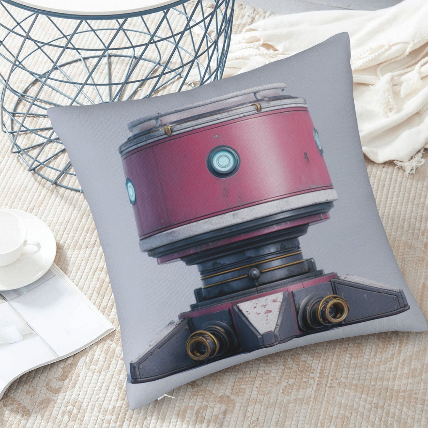 18"x18" Pink Futuristic Robot Pillow Cover – Minimalist Sci-Fi Mech Design Throw Cushion for Modern Decor