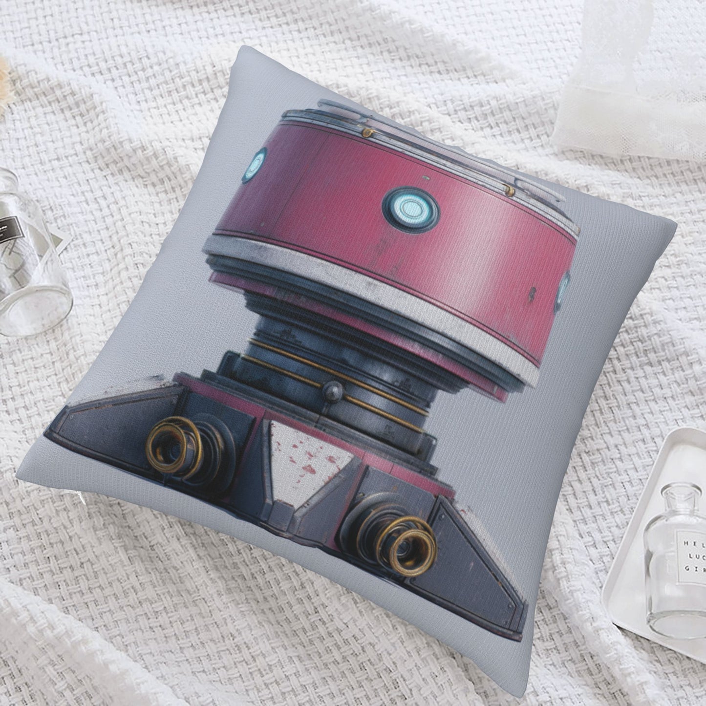 18"x18" Pink Futuristic Robot Pillow Cover – Minimalist Sci-Fi Mech Design Throw Cushion for Modern Decor