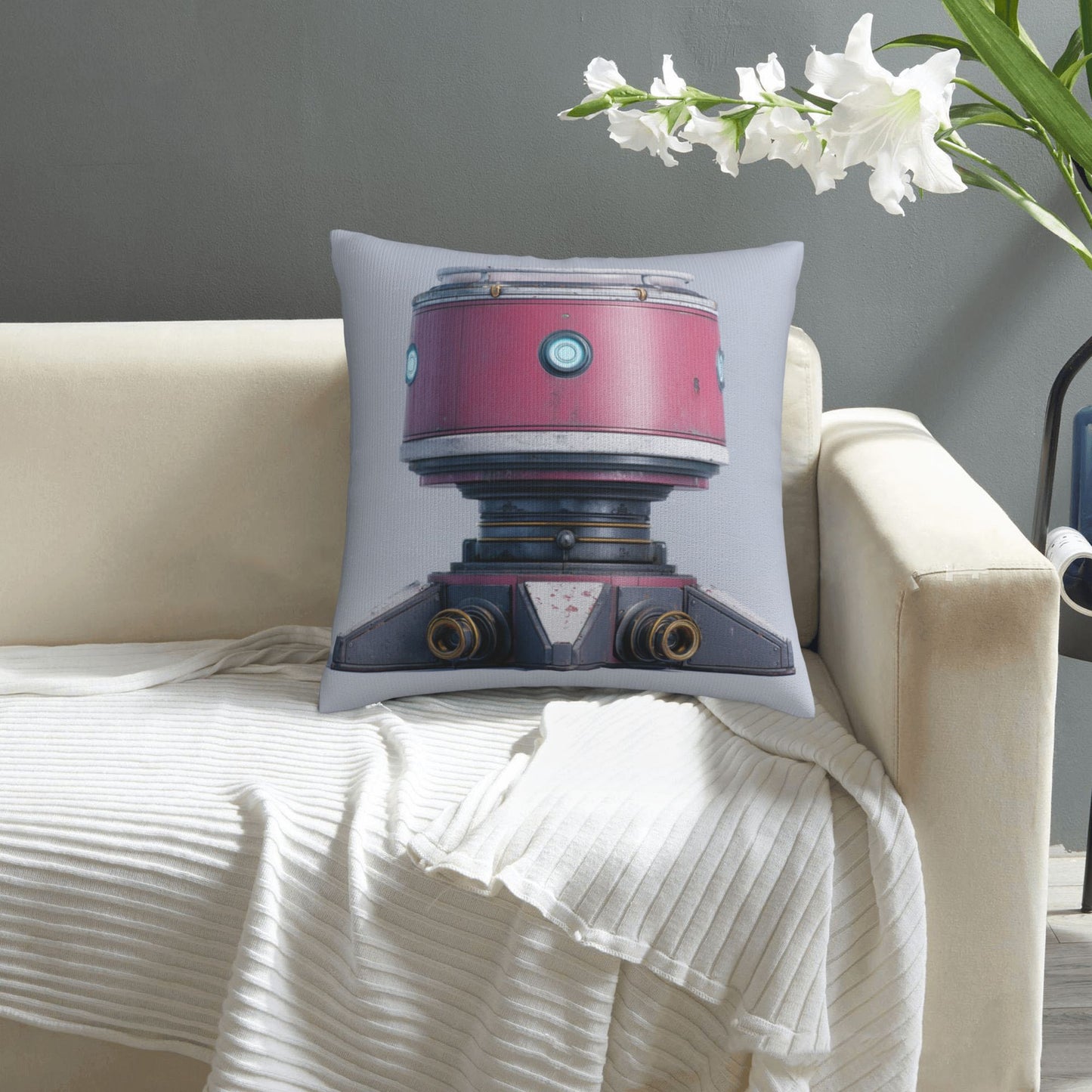 18"x18" Pink Futuristic Robot Pillow Cover – Minimalist Sci-Fi Mech Design Throw Cushion for Modern Decor