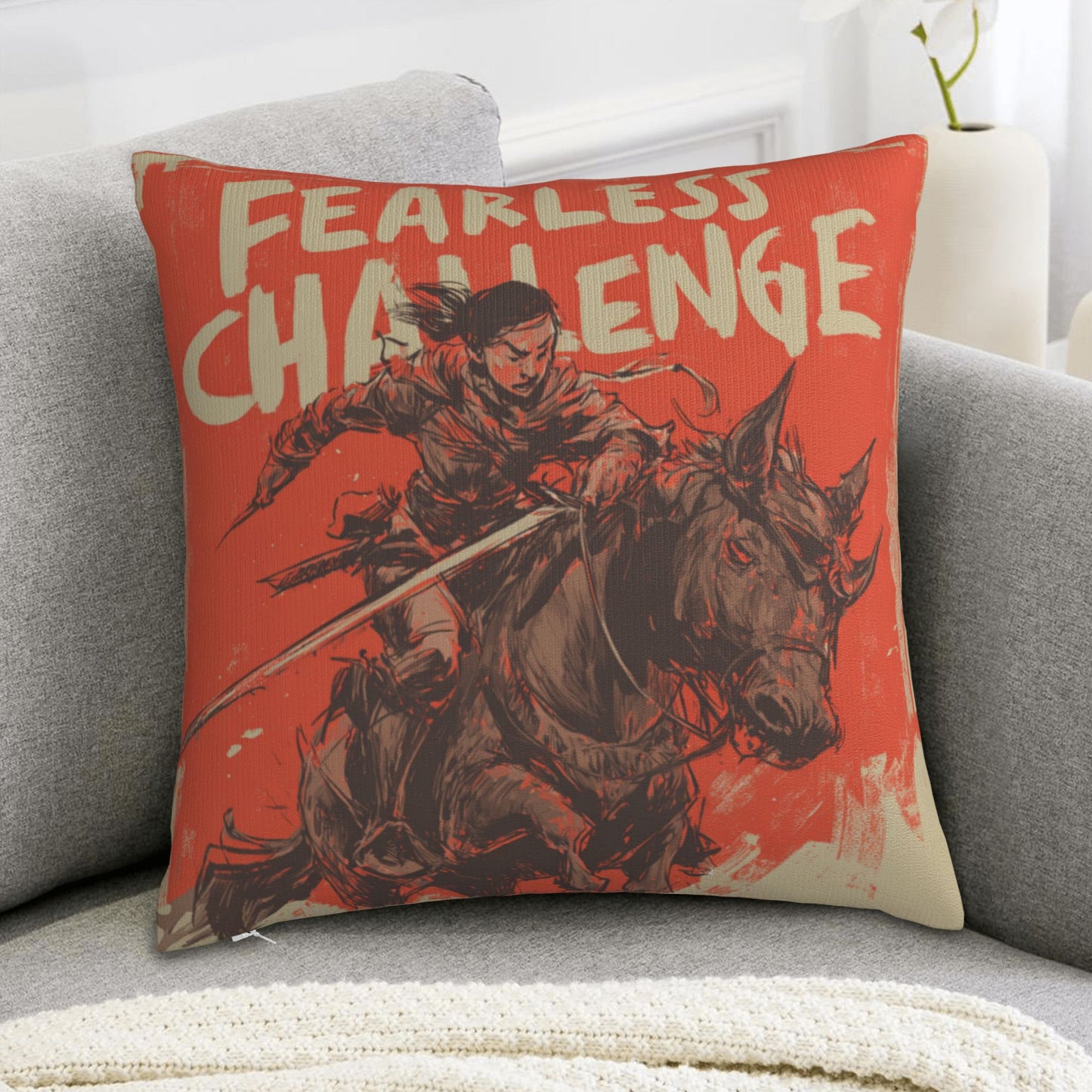 18"x18" Fearless Challenge Warrior Pillow Cover – Bold Female Knight Illustration Cushion for Home & Studio