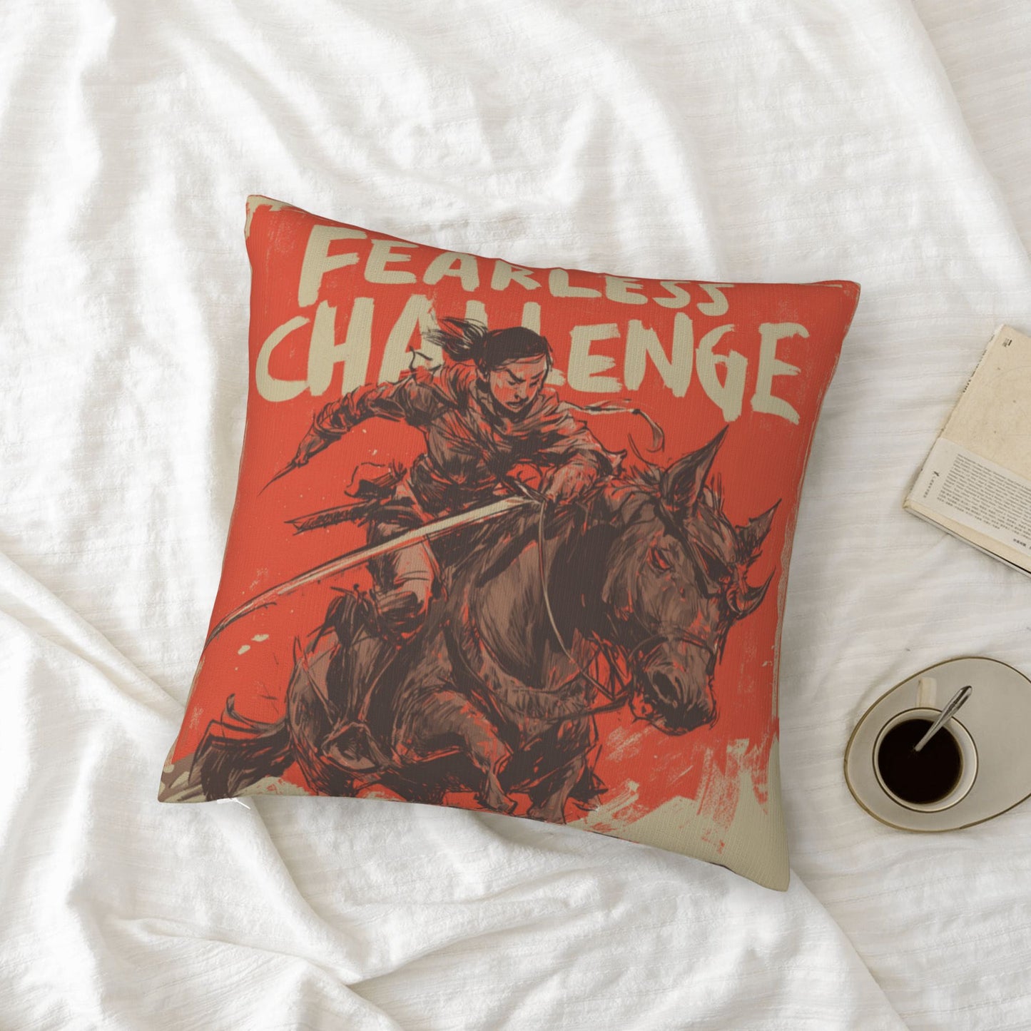 18"x18" Fearless Challenge Warrior Pillow Cover – Bold Female Knight Illustration Cushion for Home & Studio