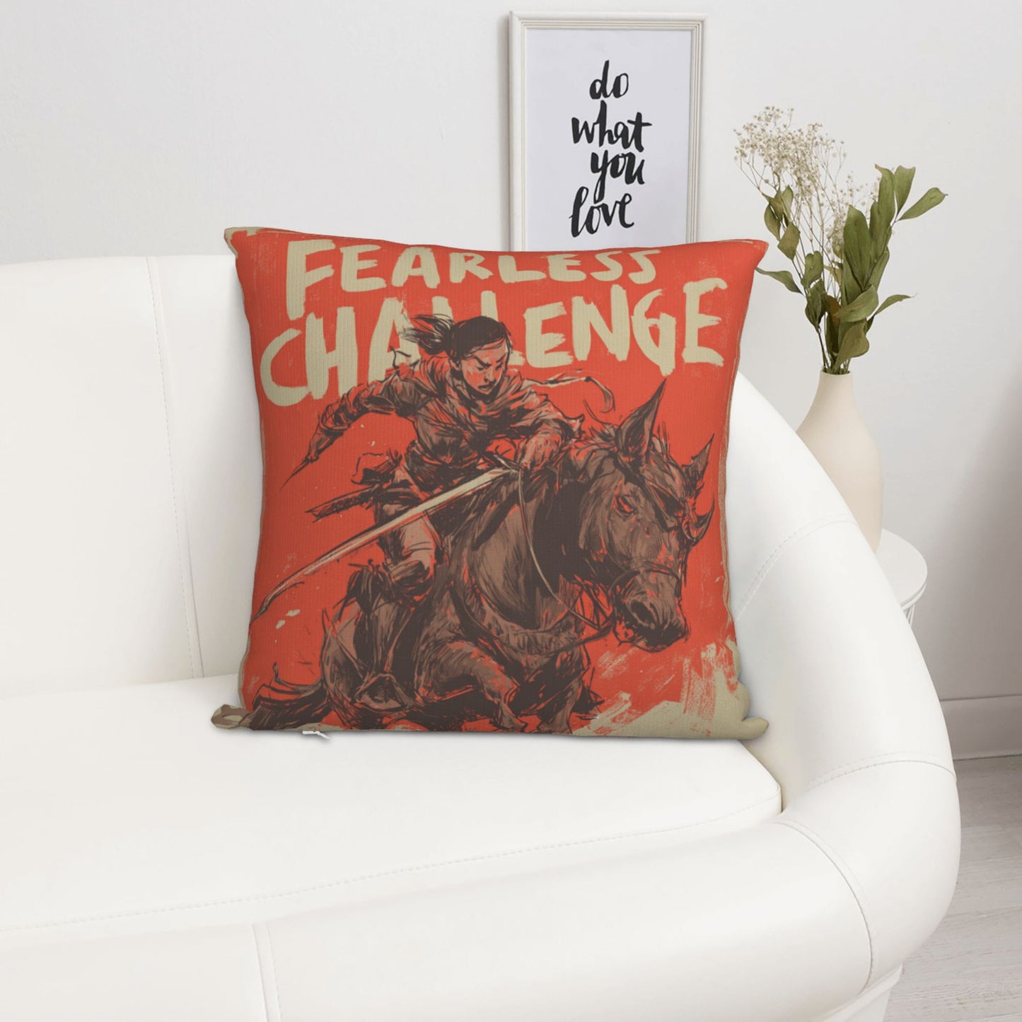 18"x18" Fearless Challenge Warrior Pillow Cover – Bold Female Knight Illustration Cushion for Home & Studio