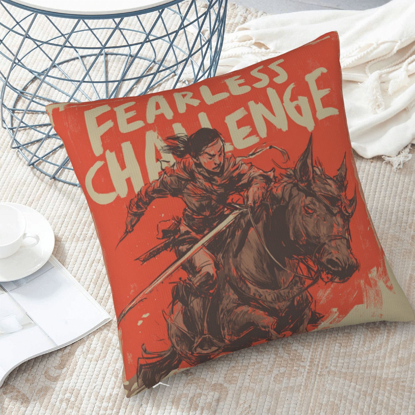 18"x18" Fearless Challenge Warrior Pillow Cover – Bold Female Knight Illustration Cushion for Home & Studio