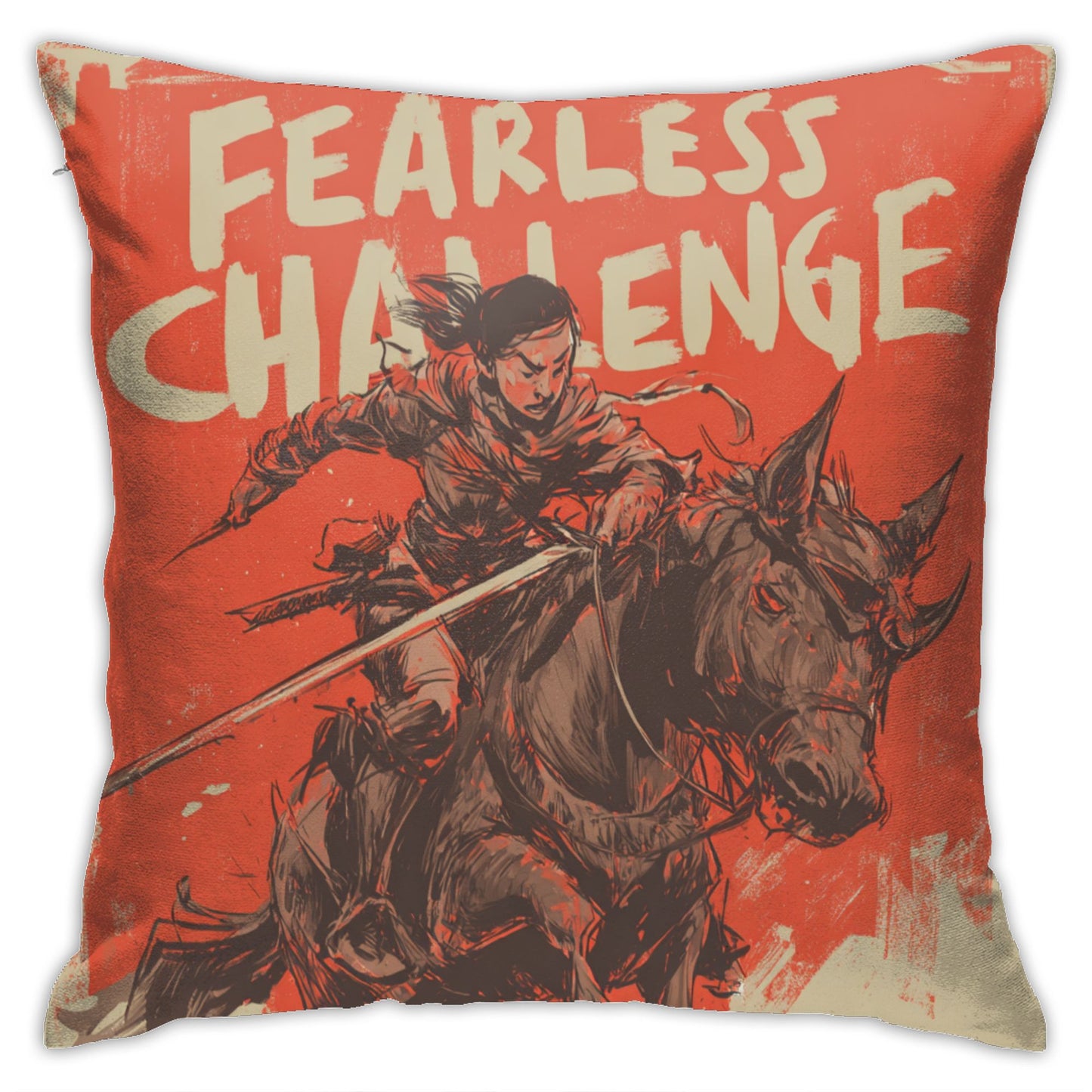 18"x18" Fearless Challenge Warrior Pillow Cover – Bold Female Knight Illustration Cushion for Home & Studio