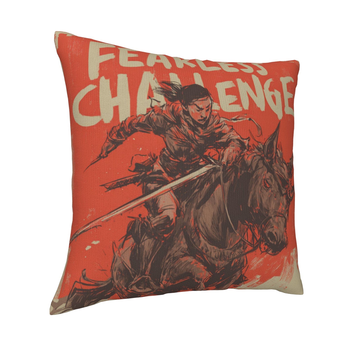 18"x18" Fearless Challenge Warrior Pillow Cover – Bold Female Knight Illustration Cushion for Home & Studio