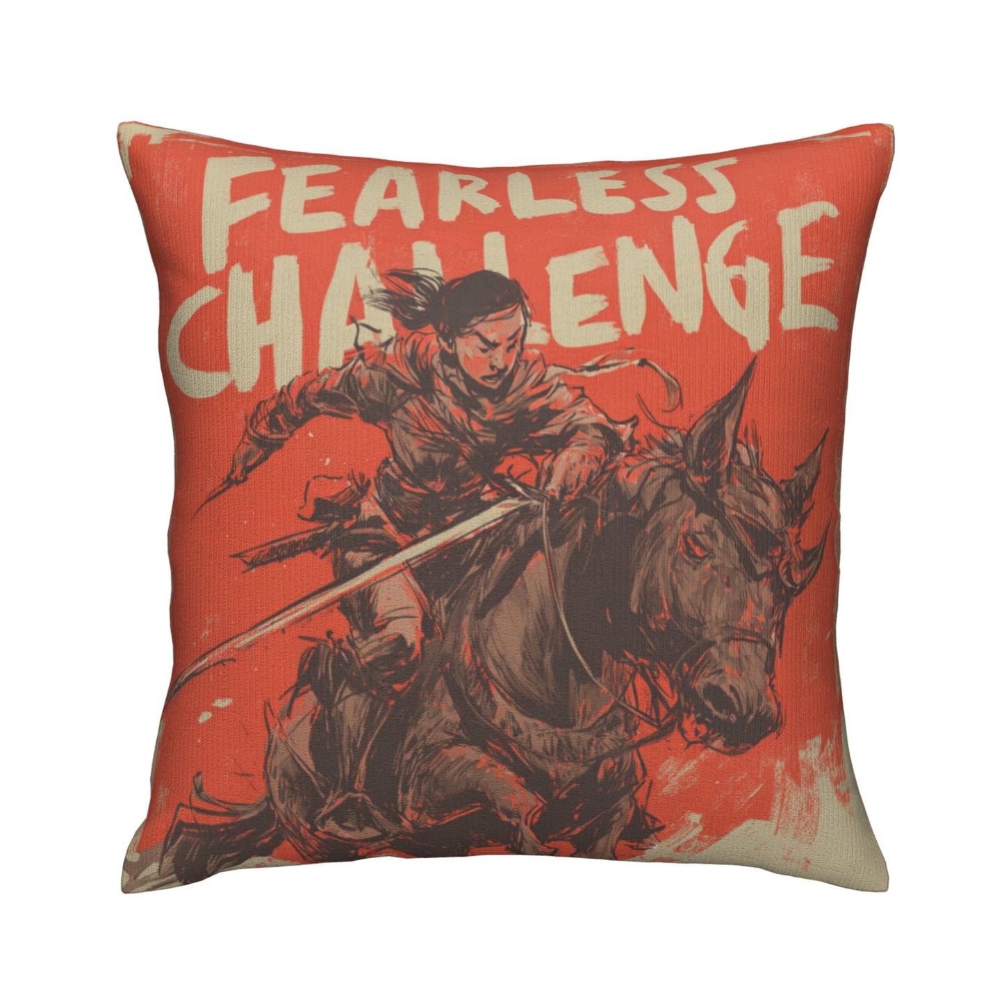 18"x18" Fearless Challenge Warrior Pillow Cover – Bold Female Knight Illustration Cushion for Home & Studio