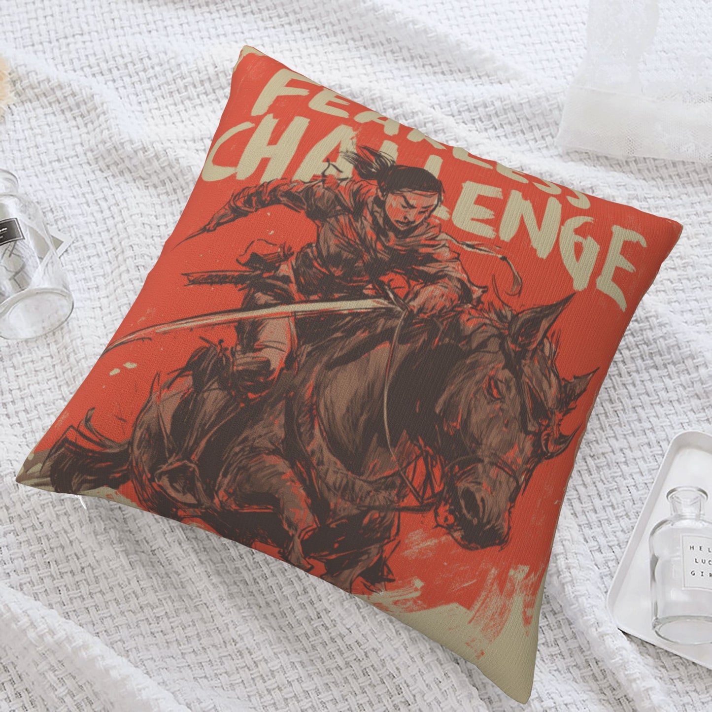 18"x18" Fearless Challenge Warrior Pillow Cover – Bold Female Knight Illustration Cushion for Home & Studio