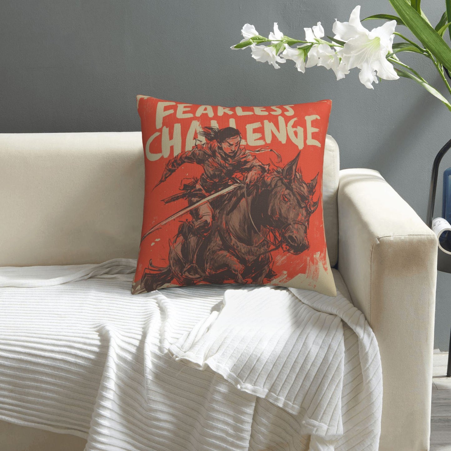 18"x18" Fearless Challenge Warrior Pillow Cover – Bold Female Knight Illustration Cushion for Home & Studio