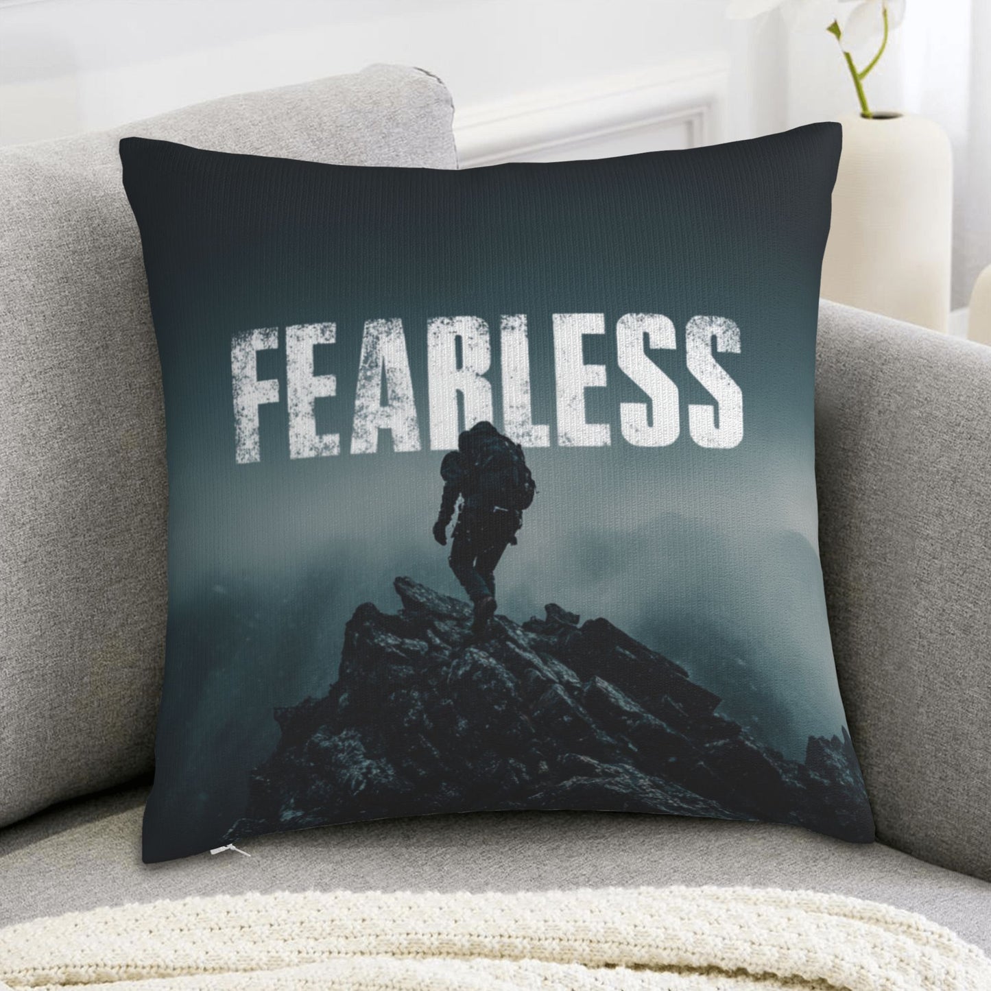 18"x18" Fearless Climber Motivational Pillow Cover – Bold Adventure Theme Cushion for Gym, Studio, or Home