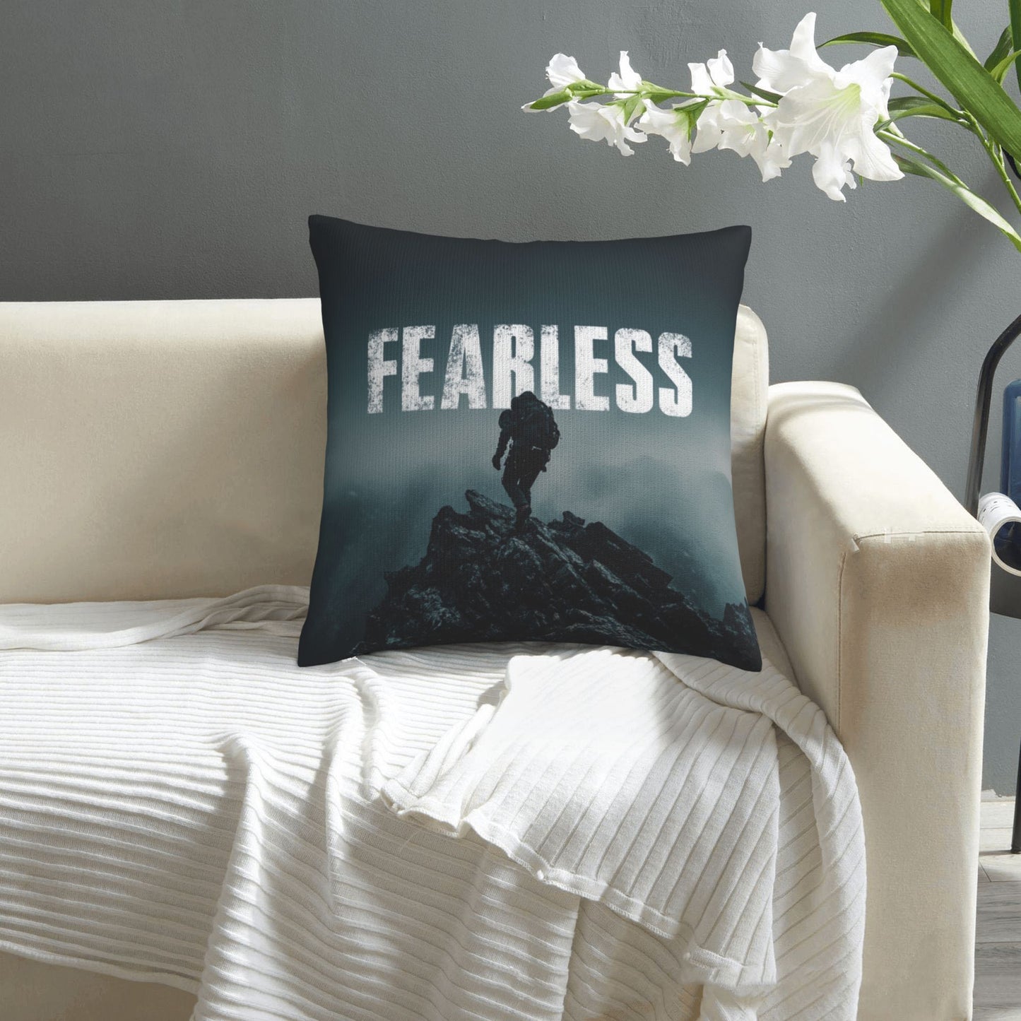 18"x18" Fearless Climber Motivational Pillow Cover – Bold Adventure Theme Cushion for Gym, Studio, or Home