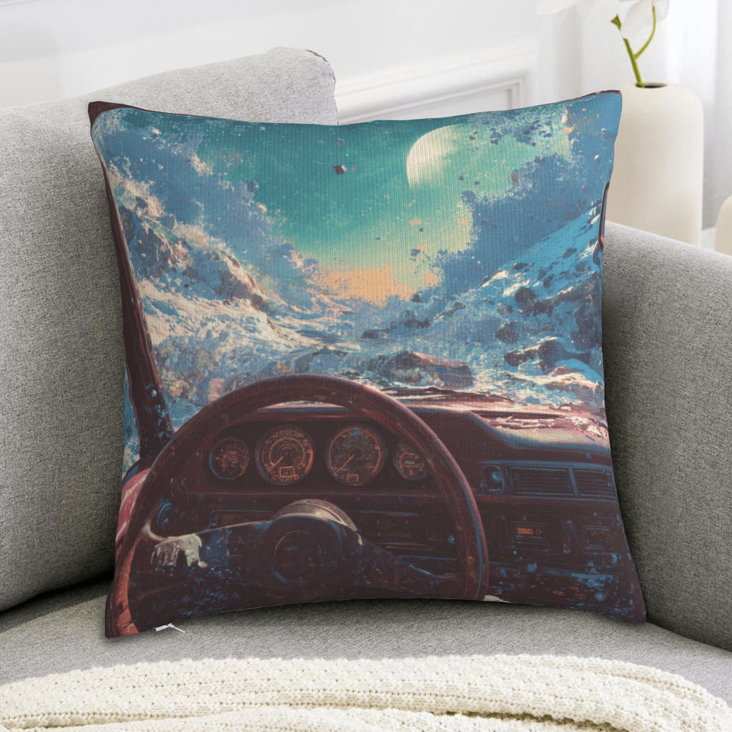 18"x18" Interstellar Cockpit Pillow Cover – Sci-Fi Driving View Fantasy Cushion for Futuristic Interiors