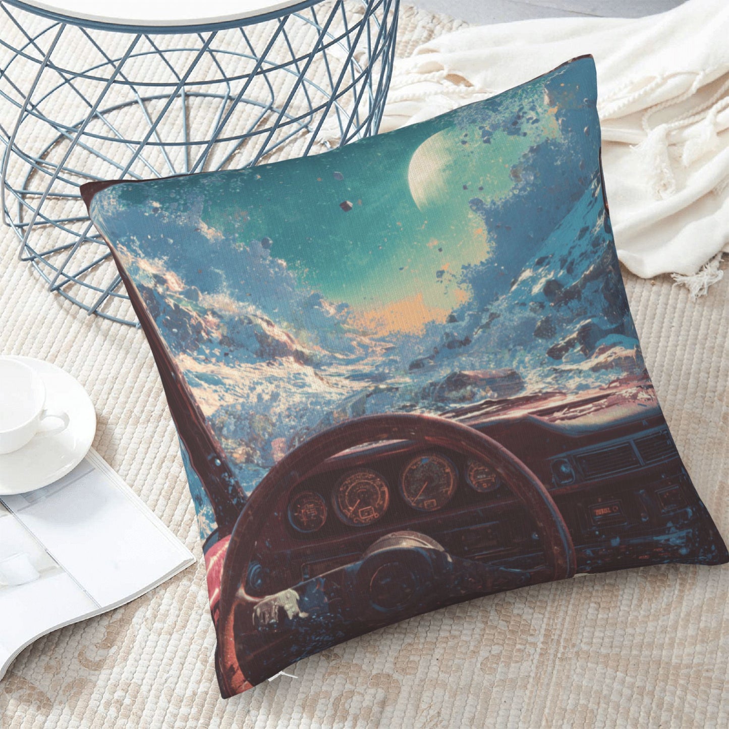 18"x18" Interstellar Cockpit Pillow Cover – Sci-Fi Driving View Fantasy Cushion for Futuristic Interiors
