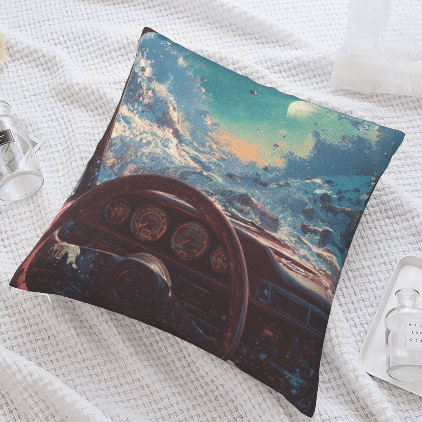 18"x18" Interstellar Cockpit Pillow Cover – Sci-Fi Driving View Fantasy Cushion for Futuristic Interiors