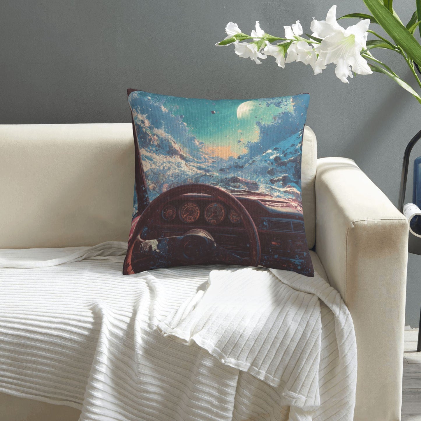 18"x18" Interstellar Cockpit Pillow Cover – Sci-Fi Driving View Fantasy Cushion for Futuristic Interiors
