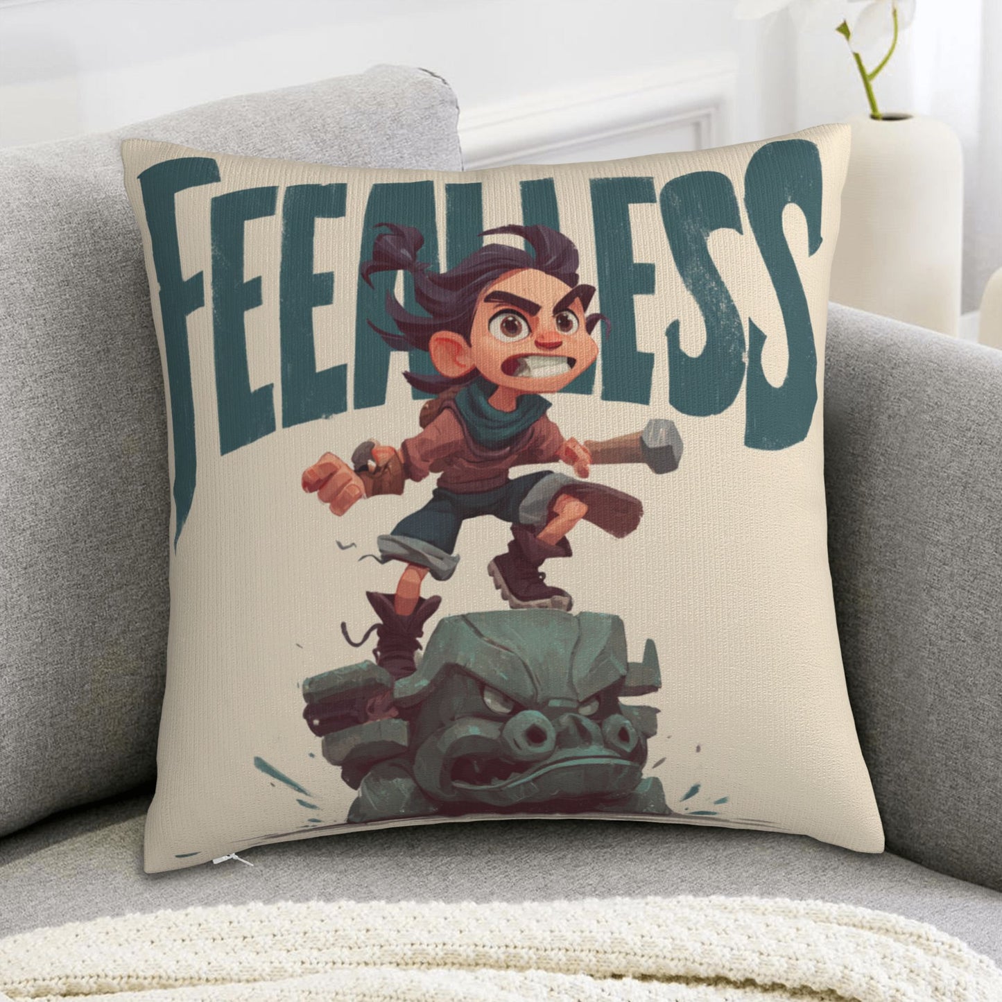 18"x18" Fearless Cartoon Pillow Cover – Brave Adventurer Print Throw Pillowcase for Kids & Gamers