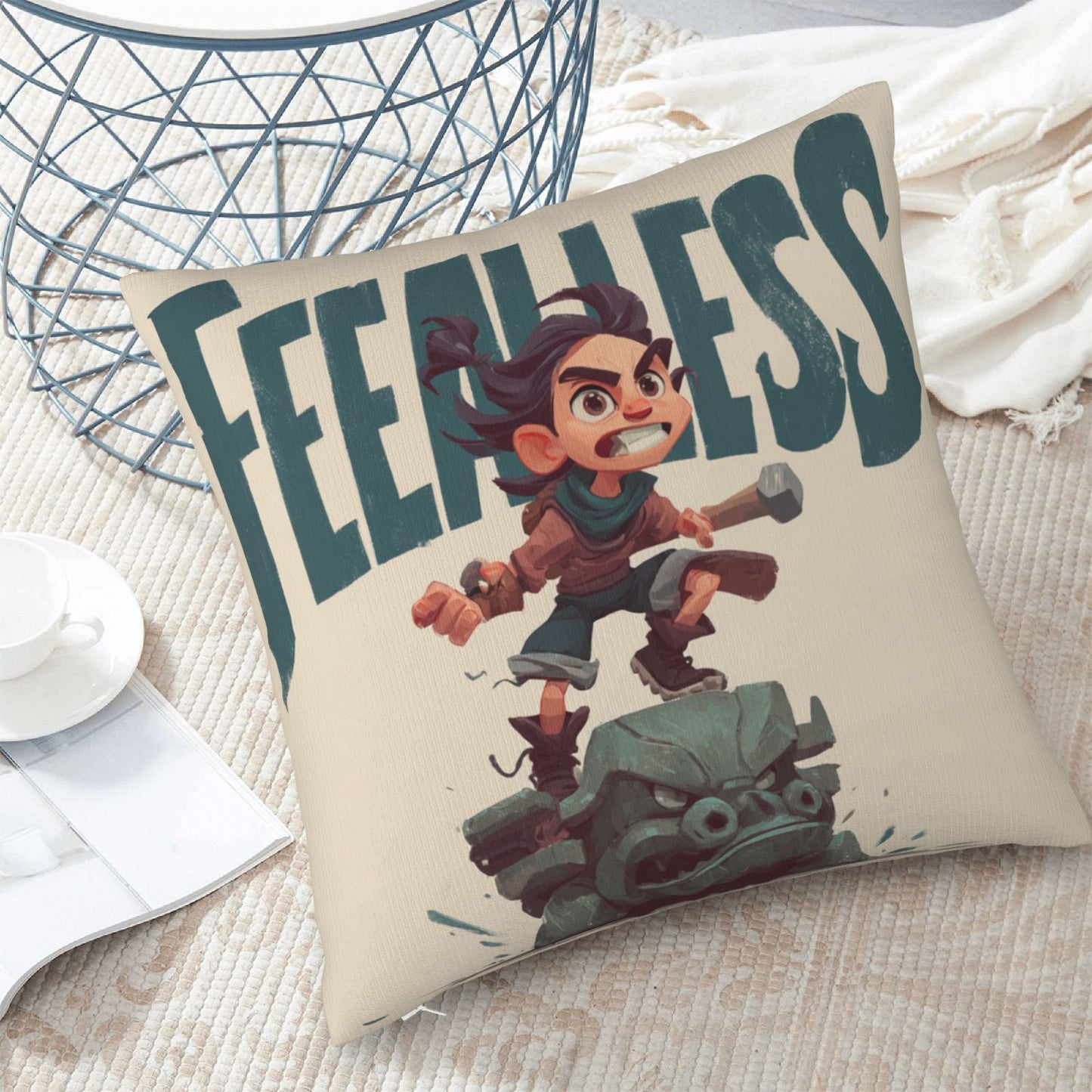 18"x18" Fearless Cartoon Pillow Cover – Brave Adventurer Print Throw Pillowcase for Kids & Gamers