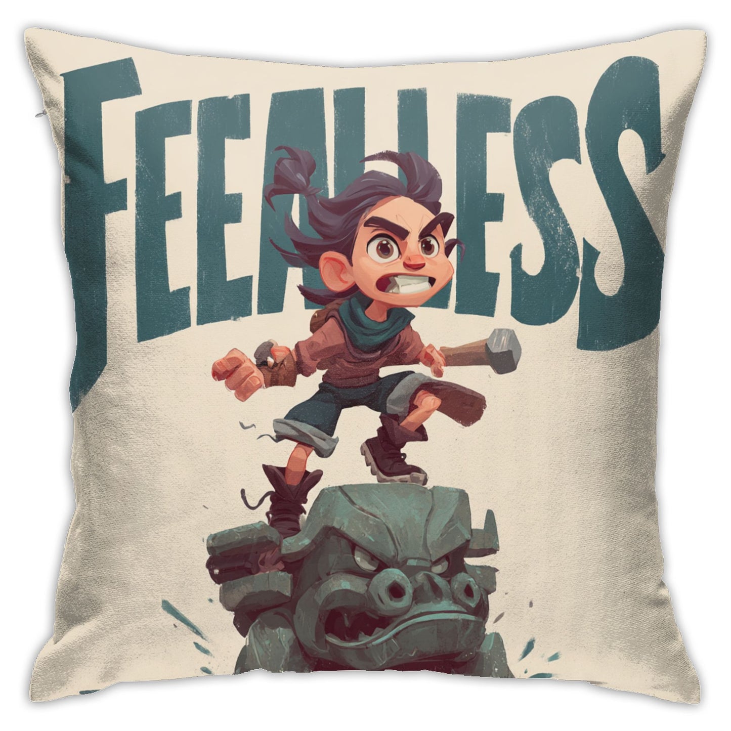18"x18" Fearless Cartoon Pillow Cover – Brave Adventurer Print Throw Pillowcase for Kids & Gamers