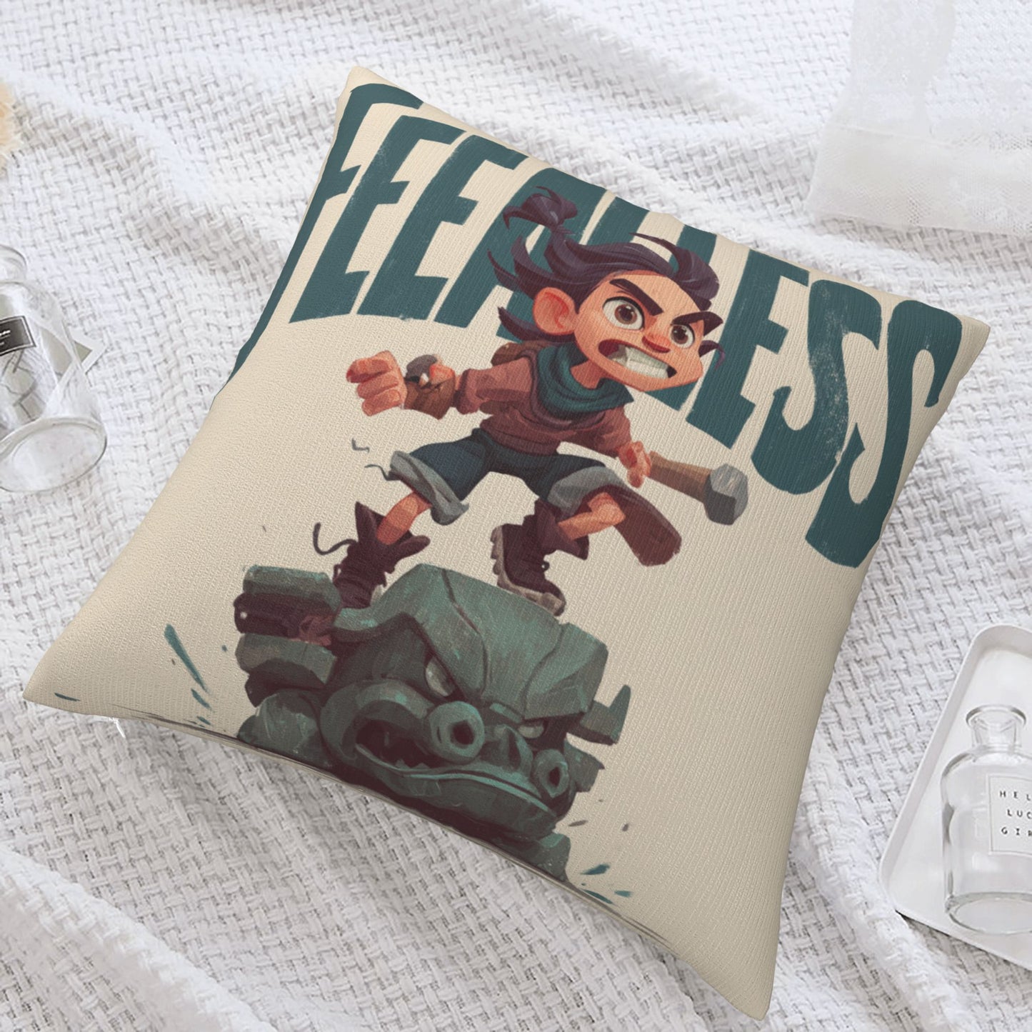 18"x18" Fearless Cartoon Pillow Cover – Brave Adventurer Print Throw Pillowcase for Kids & Gamers